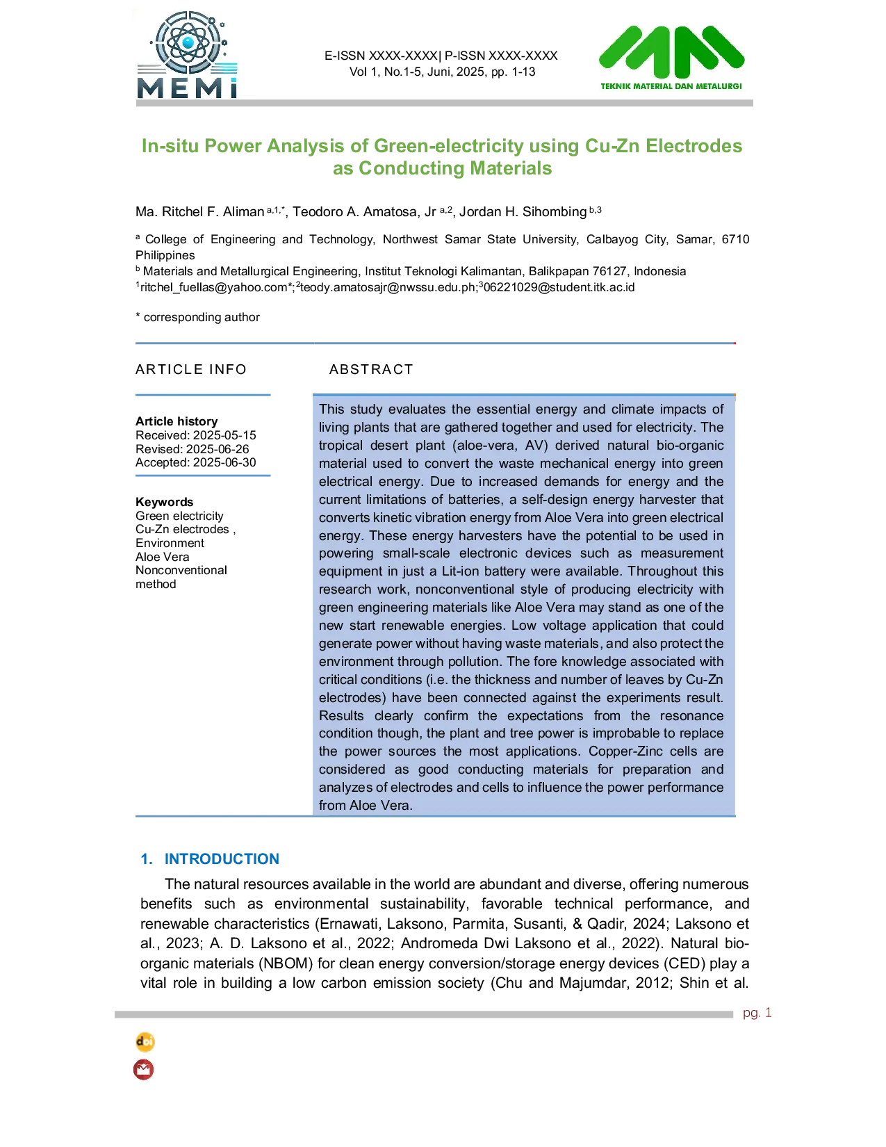 JURIS In situ Power Analysis of Green electricity using Cu Zn Electrodes as Conducting Materials