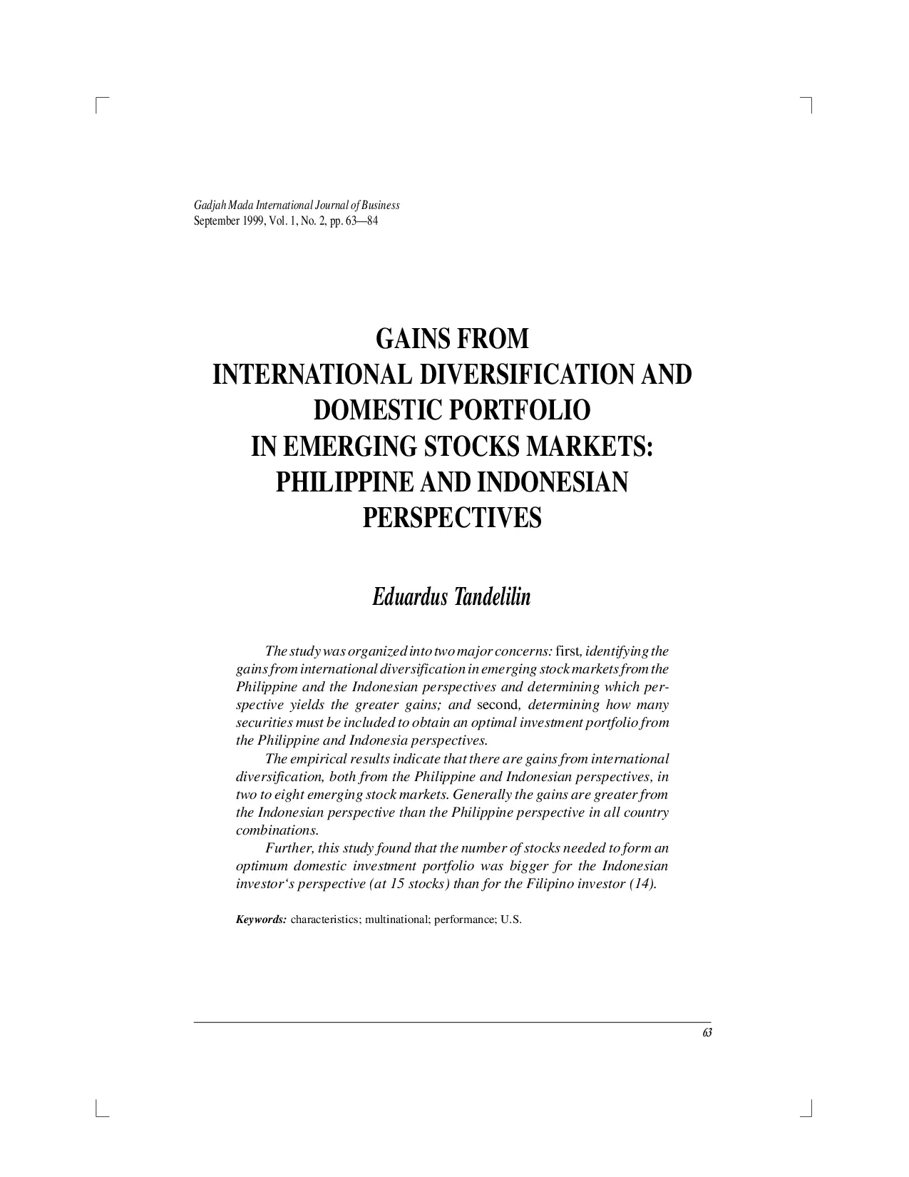 juris Gains From International Diversification And Domestic Portfolio In Emerging Stocks Markets Philippine And Indonesian Perspectives