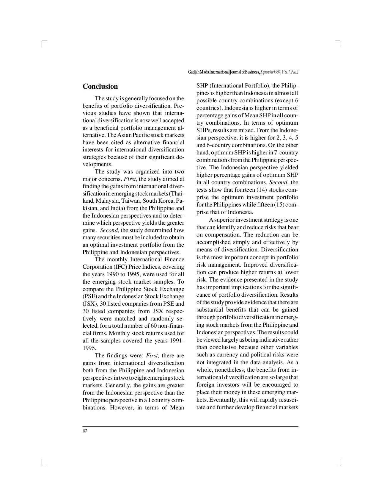 juris Gains From International Diversification And Domestic Portfolio In Emerging Stocks Markets Philippine And Indonesian Perspectives