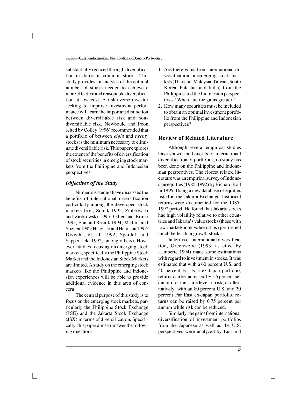 juris Gains From International Diversification And Domestic Portfolio In Emerging Stocks Markets Philippine And Indonesian Perspectives