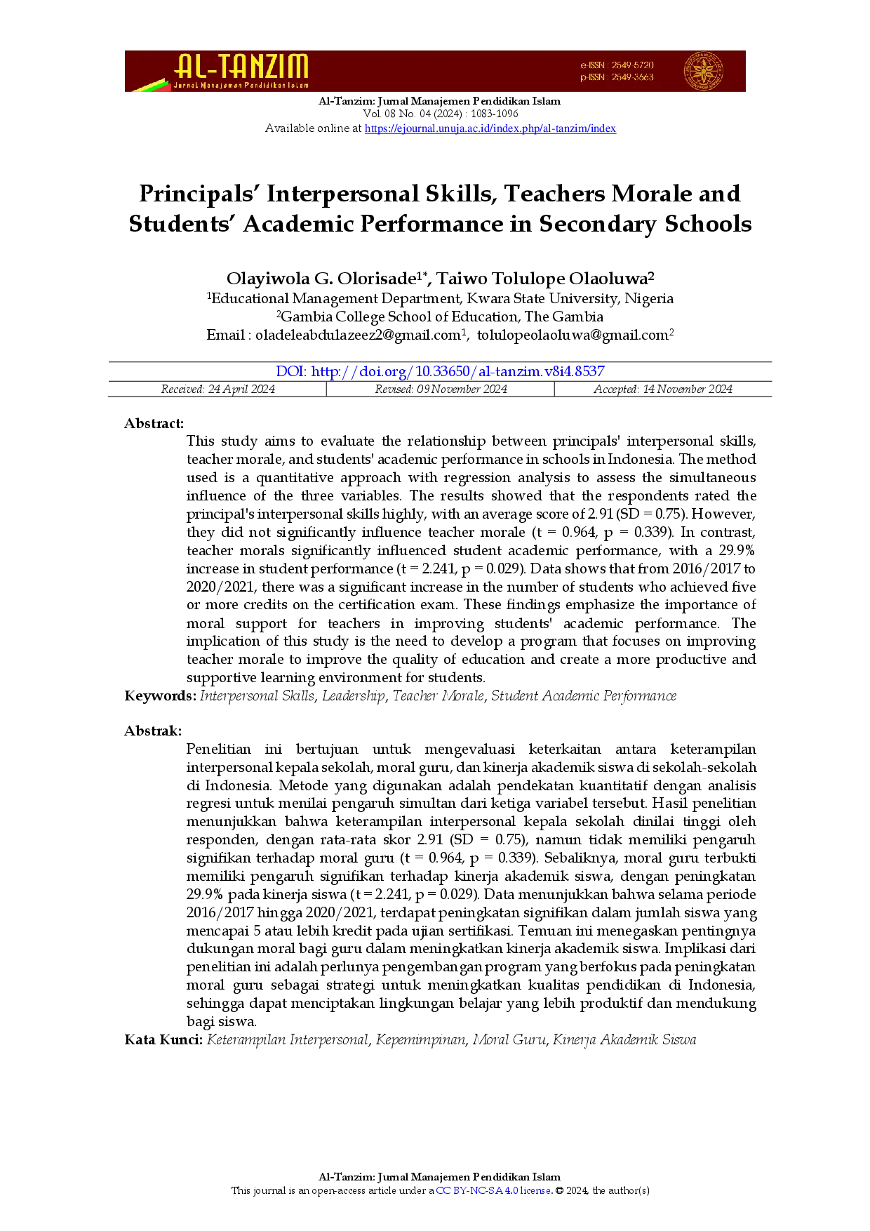 juris Principals Interpersonal Skills Teachers Morale and Students Academic Performance in Secondary Schools