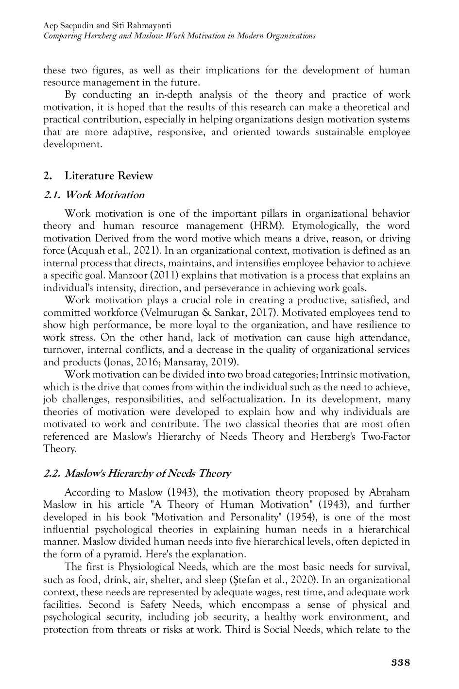 JURIS Comparing Herzberg and Maslow Work Motivation in Modern Organizations