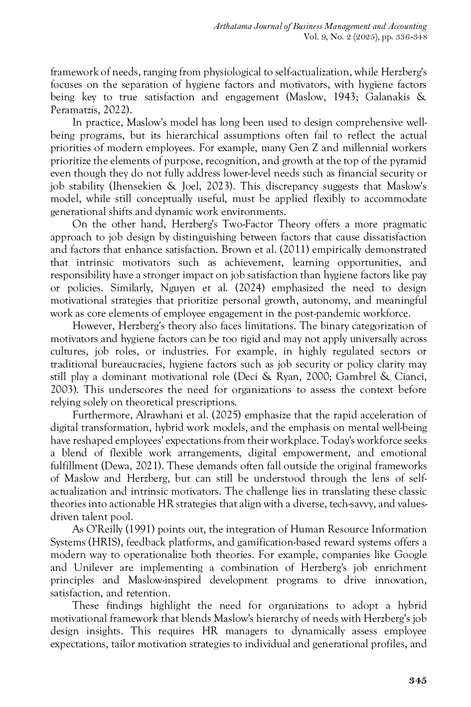 JURIS Comparing Herzberg and Maslow Work Motivation in Modern Organizations