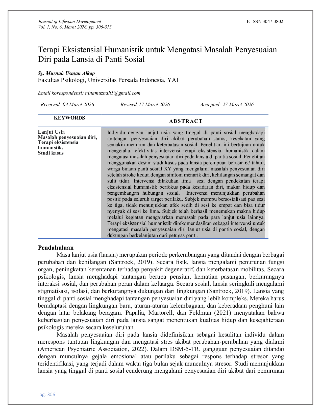 JURIS Terapi Eksistensial Humanistik untuk Mengatasi Masalah Penyesuaian Diri pada Lansia di Panti Sosial