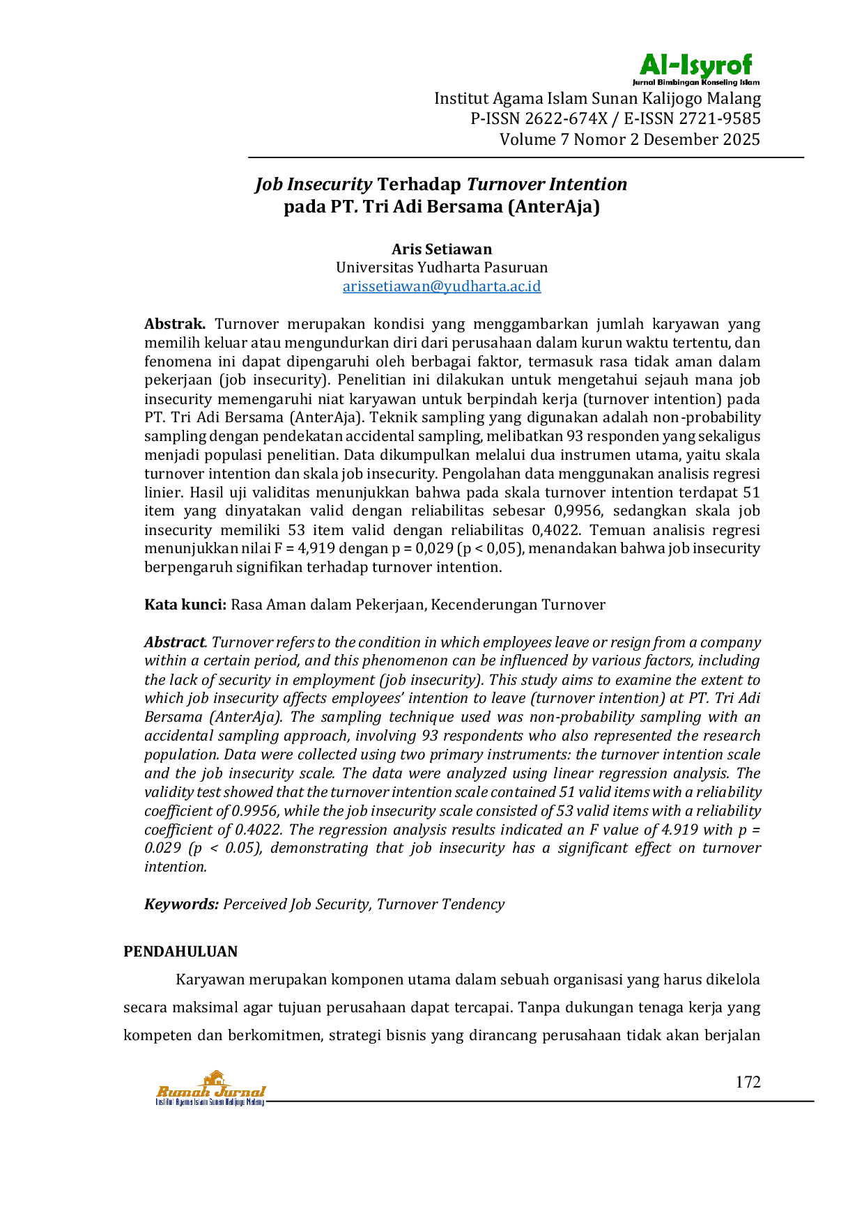 JURIS Job Insecurity Terhadap Turnover Intention pada PT Tri Adi Bersama AnterAja