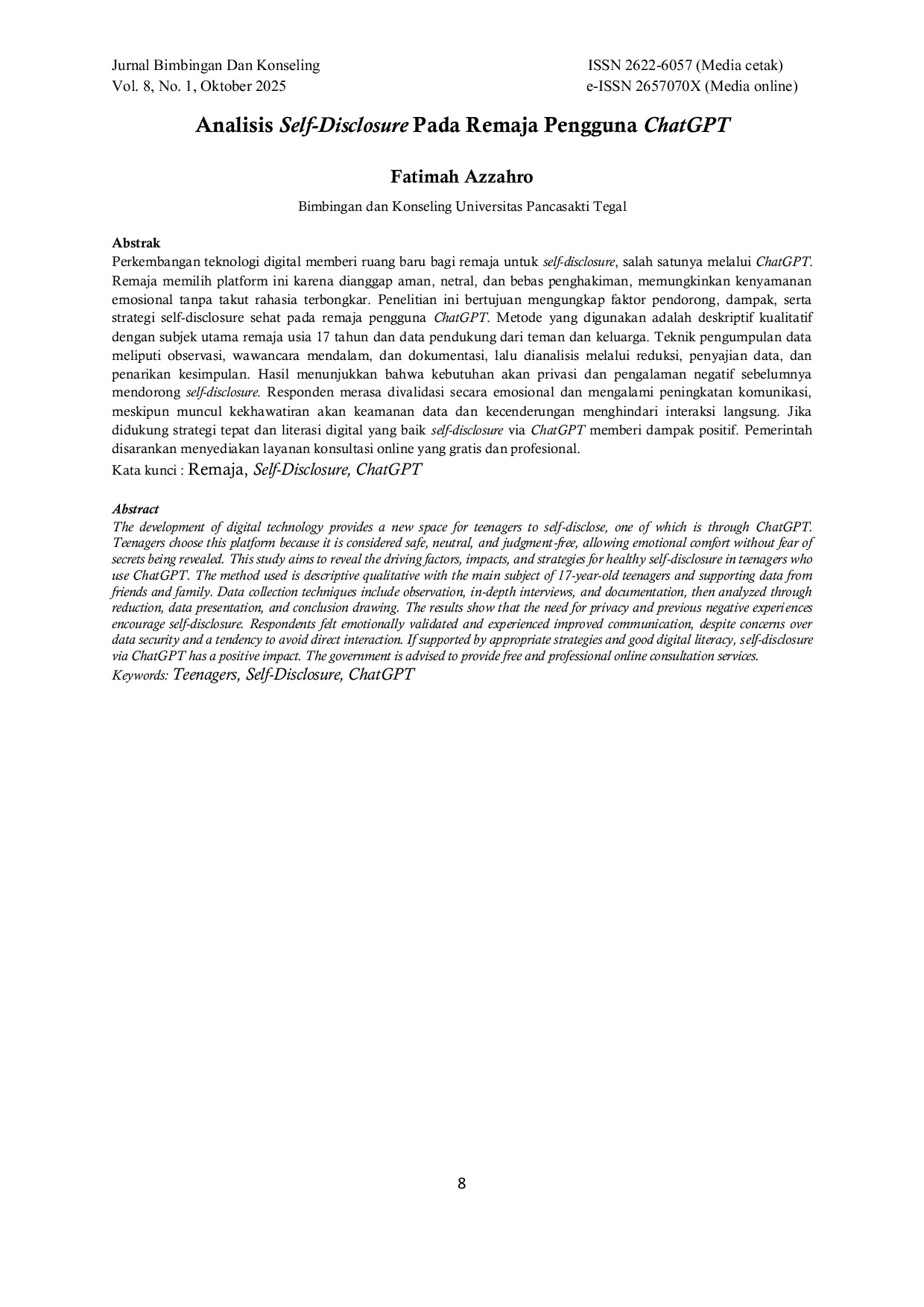 JURIS Analisis Self Disclosure Pada Remaja Pengguna ChatGPT
