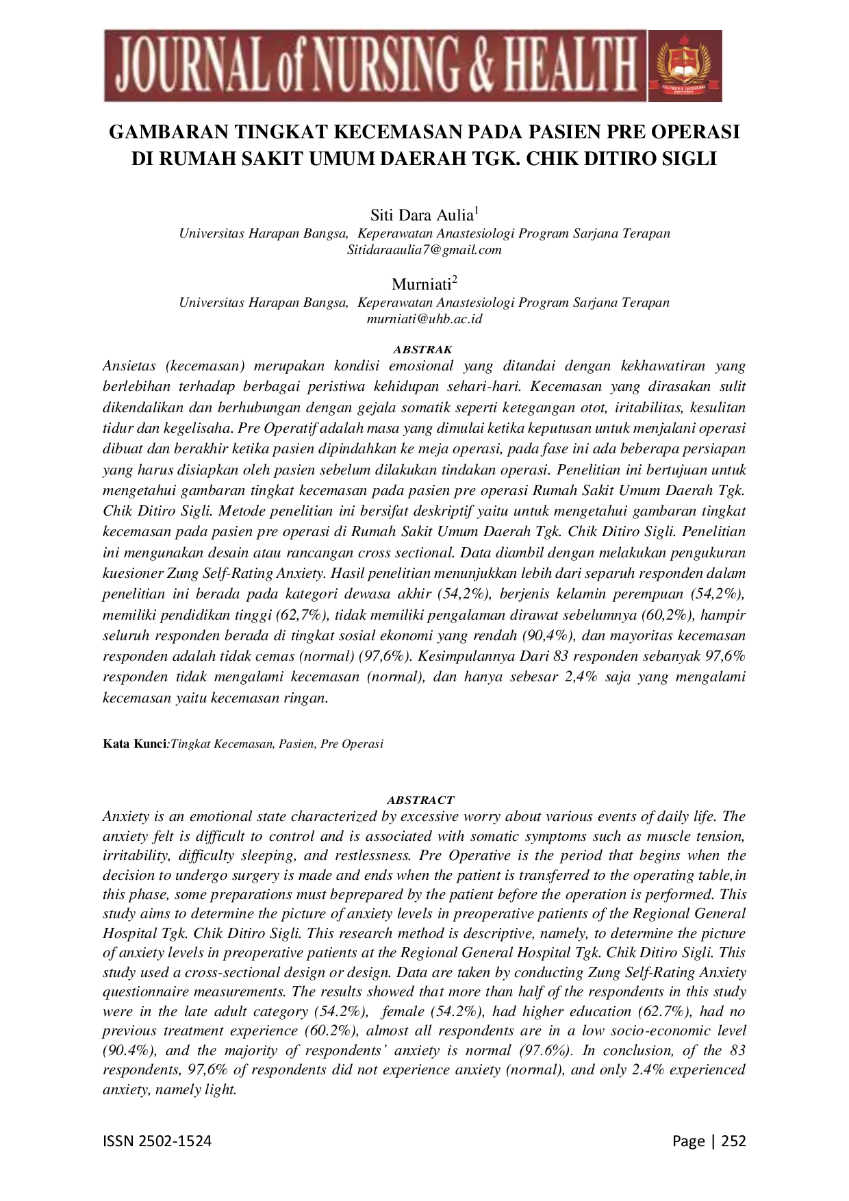 JURIS Gambaran Tingkat Kecemasan Pada Pasien Pre Operasi Di Rumah Sakit Umum Daerah Tgk Chik Ditiro Sigli