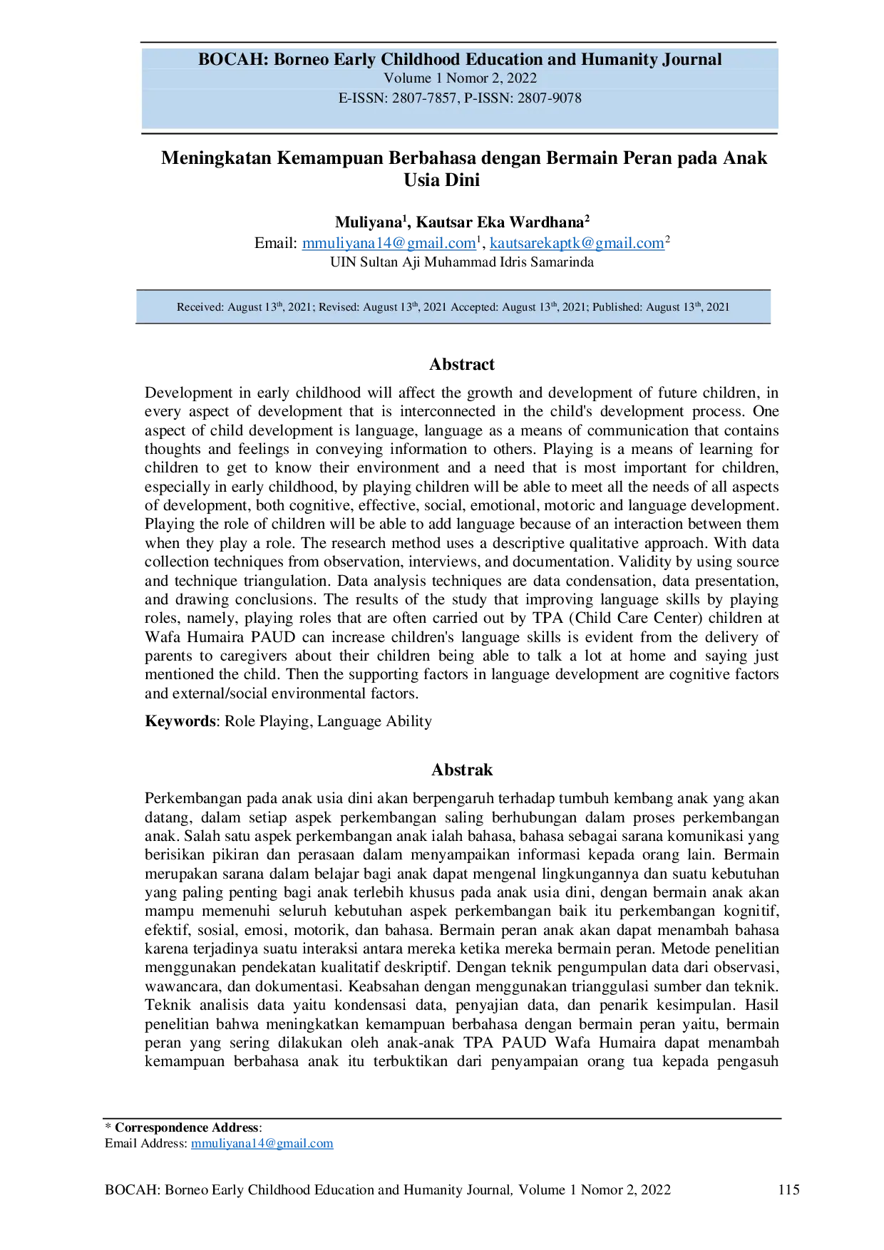 JURIS Meningkatkan Kemampuan Berbahasa dengan Bermain Peran pada Anak Usia Dini