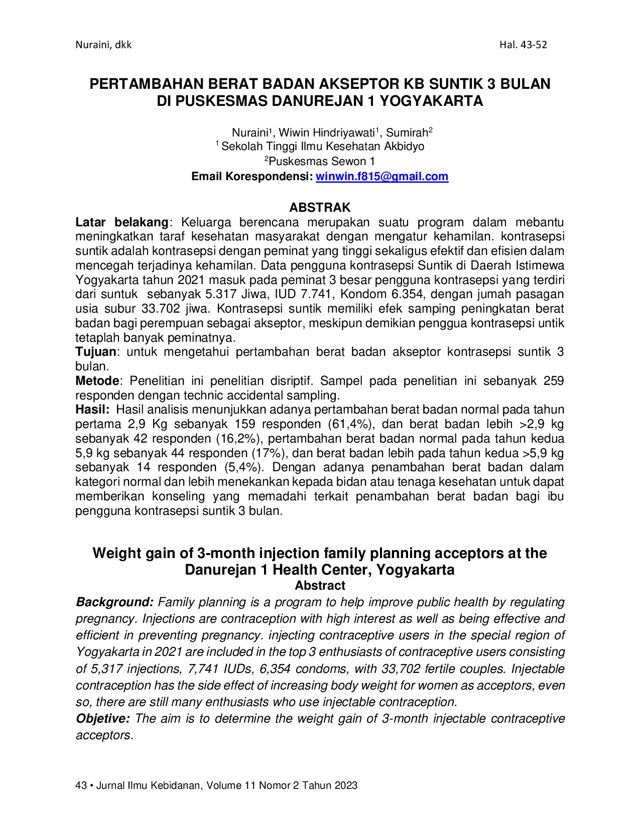 JURIS Pertambahan Berat Badan Akseptor KB Suntik 3 Bulan Di Puskesmas Danurejan 1 Yogyakarta