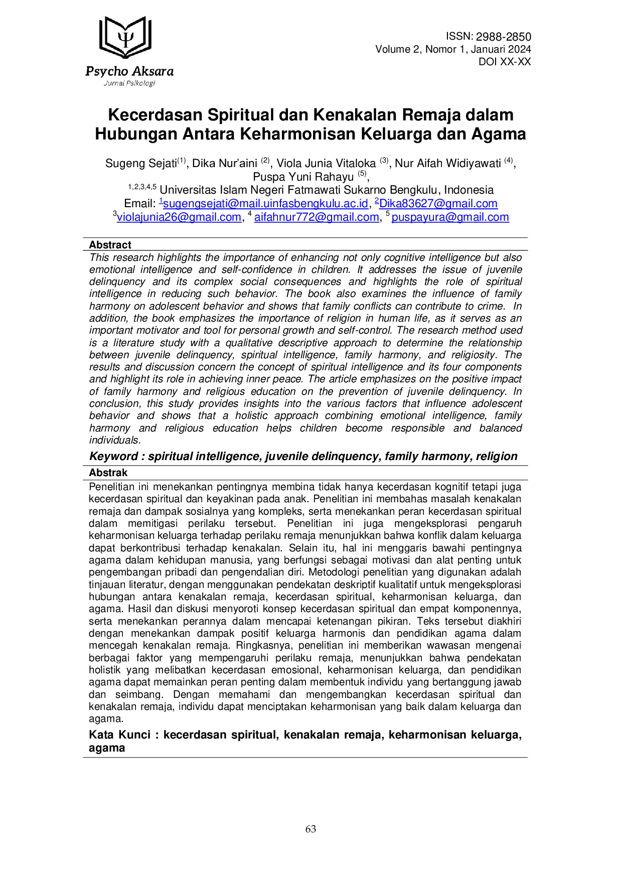 JURIS Kecerdasan Spiritual dan Kenakal Kecerdasan Spiritual dan Kenakalan Remaja dalam Hubungan Antara Keharmonisan Keluarga dan Agama
