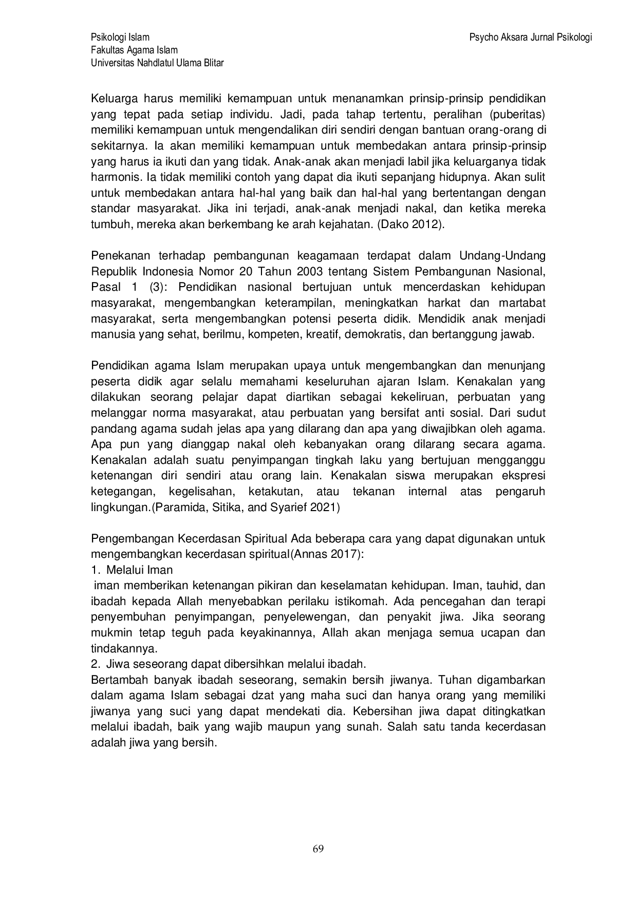 JURIS Kecerdasan Spiritual dan Kenakal Kecerdasan Spiritual dan Kenakalan Remaja dalam Hubungan Antara Keharmonisan Keluarga dan Agama