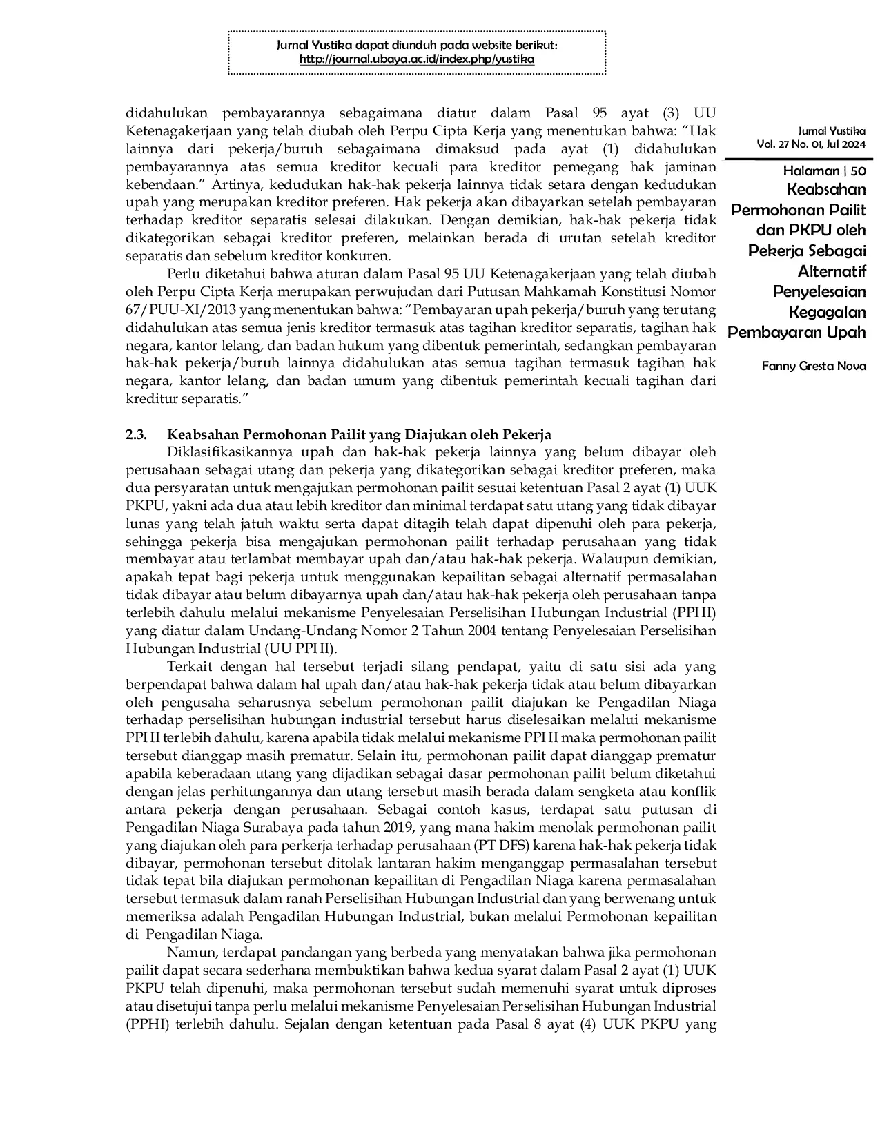 JURIS Keabsahan Permohonan Pailit dan PKPU oleh Pekerja sebagai Alternatif Penyelesaian Kegagalan Pembayaran Upah