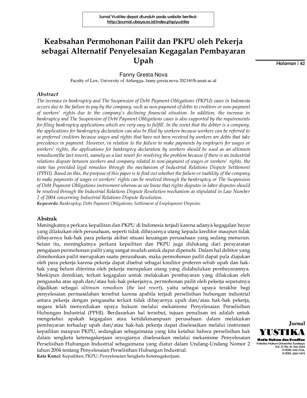 JURIS Keabsahan Permohonan Pailit dan PKPU oleh Pekerja sebagai Alternatif Penyelesaian Kegagalan Pembayaran Upah