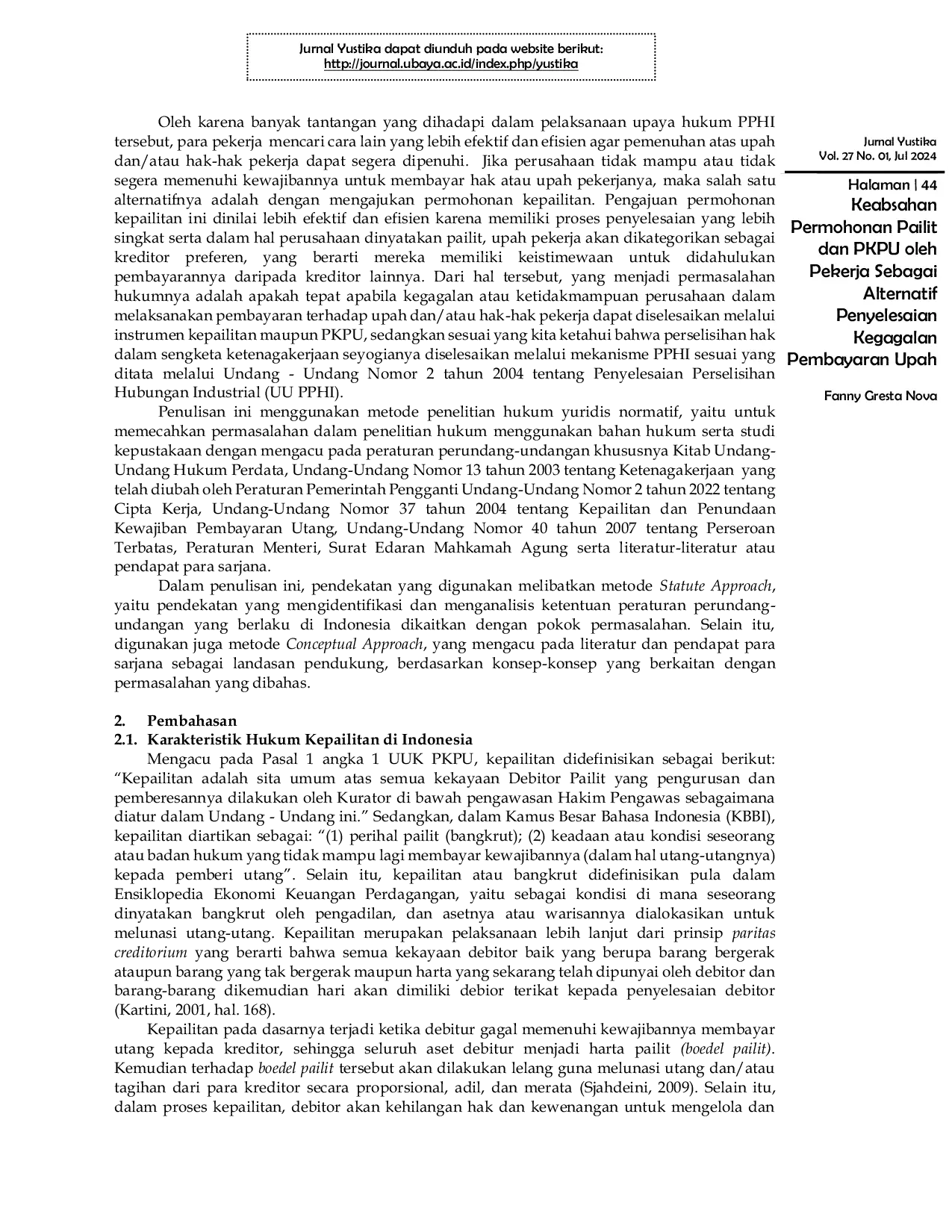 JURIS Keabsahan Permohonan Pailit dan PKPU oleh Pekerja sebagai Alternatif Penyelesaian Kegagalan Pembayaran Upah