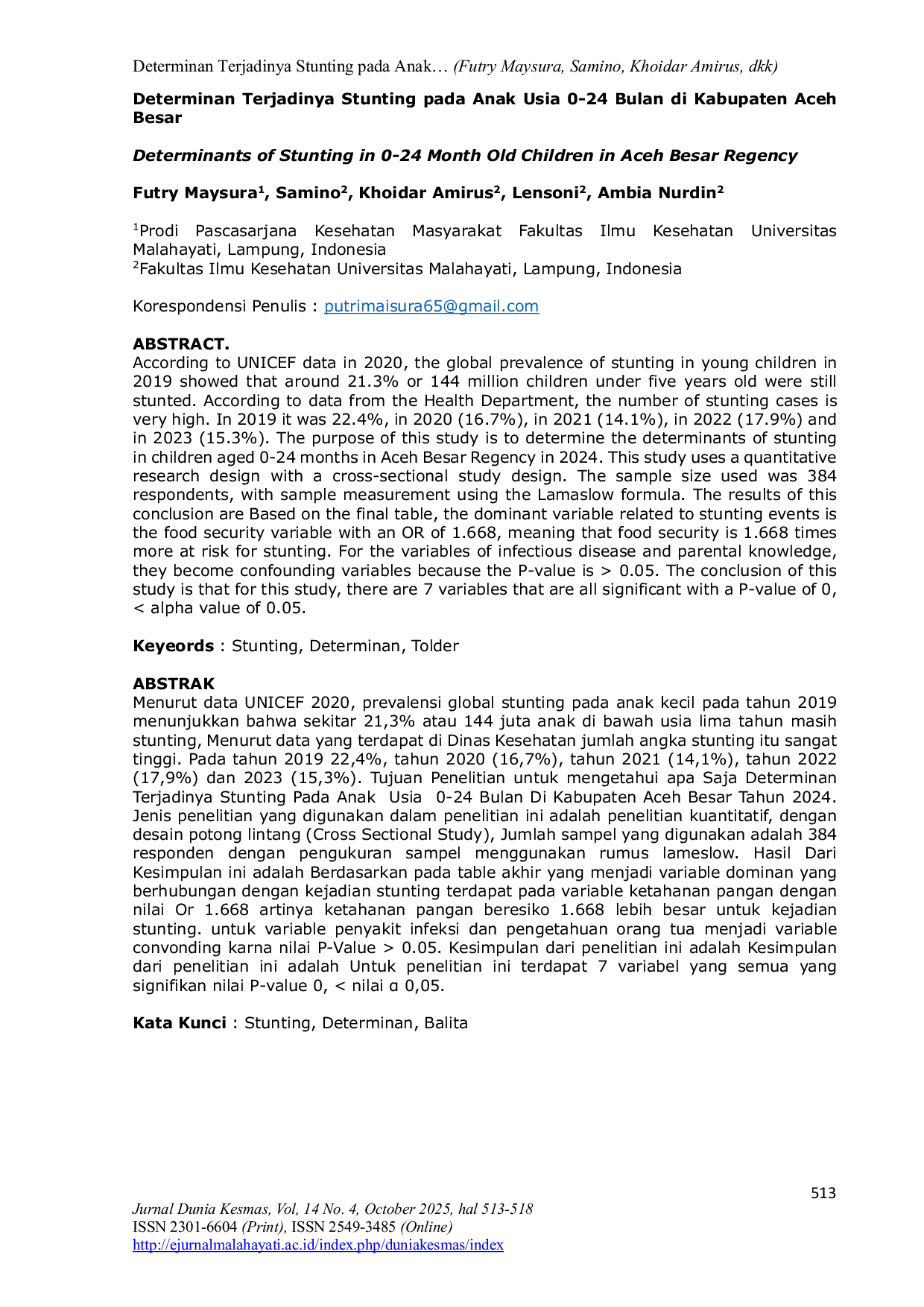 JURIS Determinan Terjadinya Stunting pada Anak Usia 0 24 Bulan di Kabupaten Aceh Besar