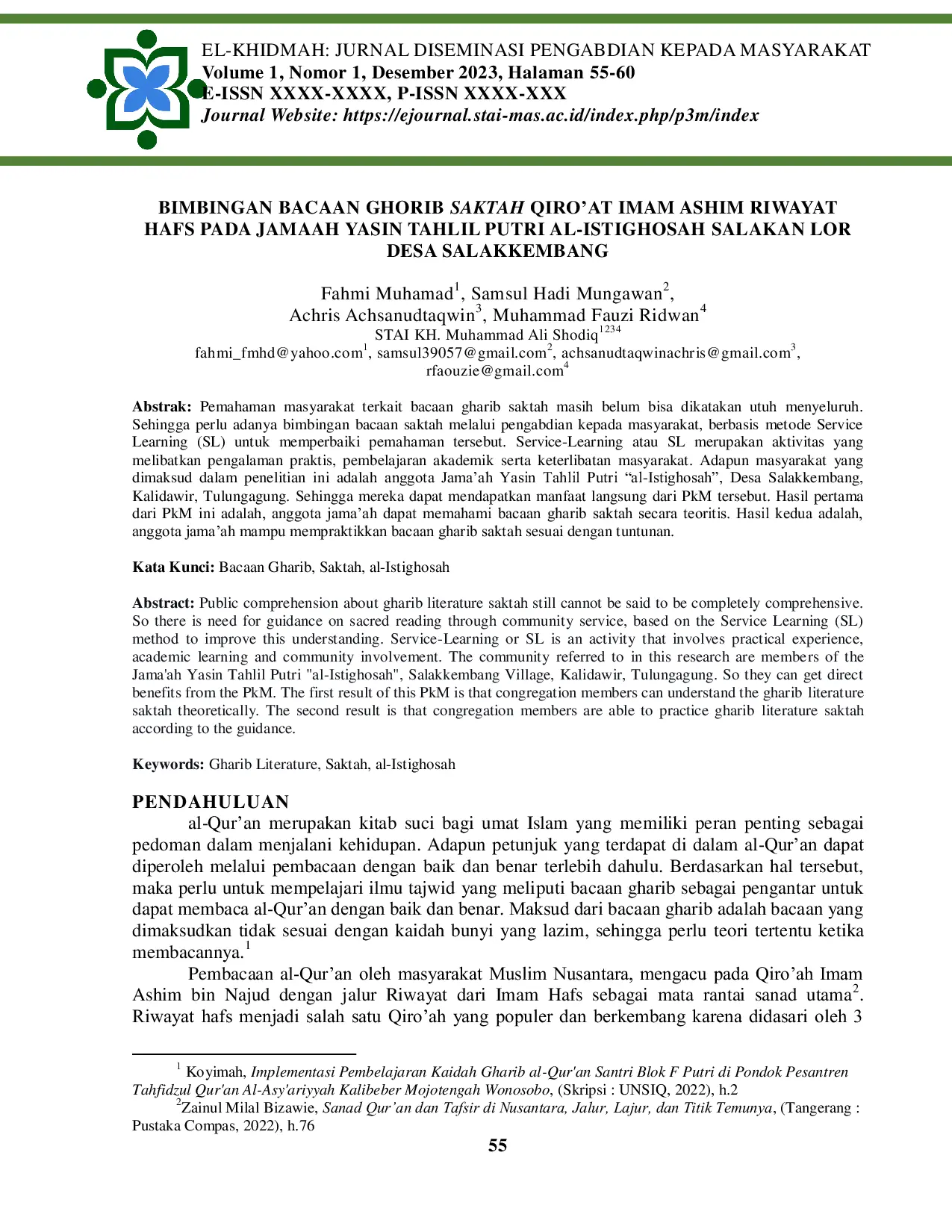 JURIS Bimbingan Bacaan Gharib Saktah Qiro at Imam Ashim Riwayat Hafs Pada Jamaah Yasin Tahlil Putri Al Istighosah Salakan Lor Desa Salakkembang