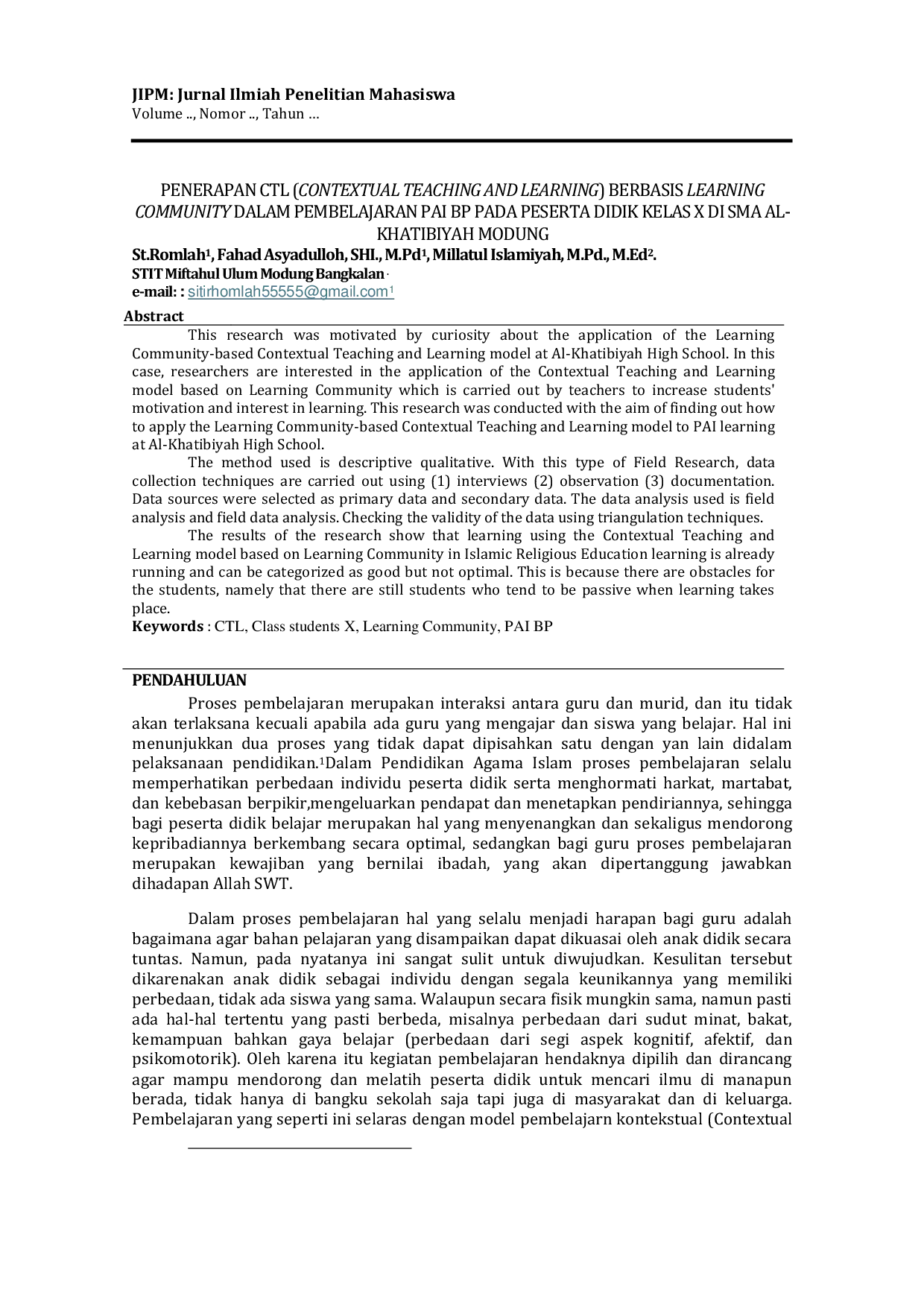 JURIS Penerapan model pembelajaran CTL Contextual Teaching and Learning berbasis Learning Community dalam pembelajaran PAI BP pada siswa kelas X SMA Al Khatibiyah Modung