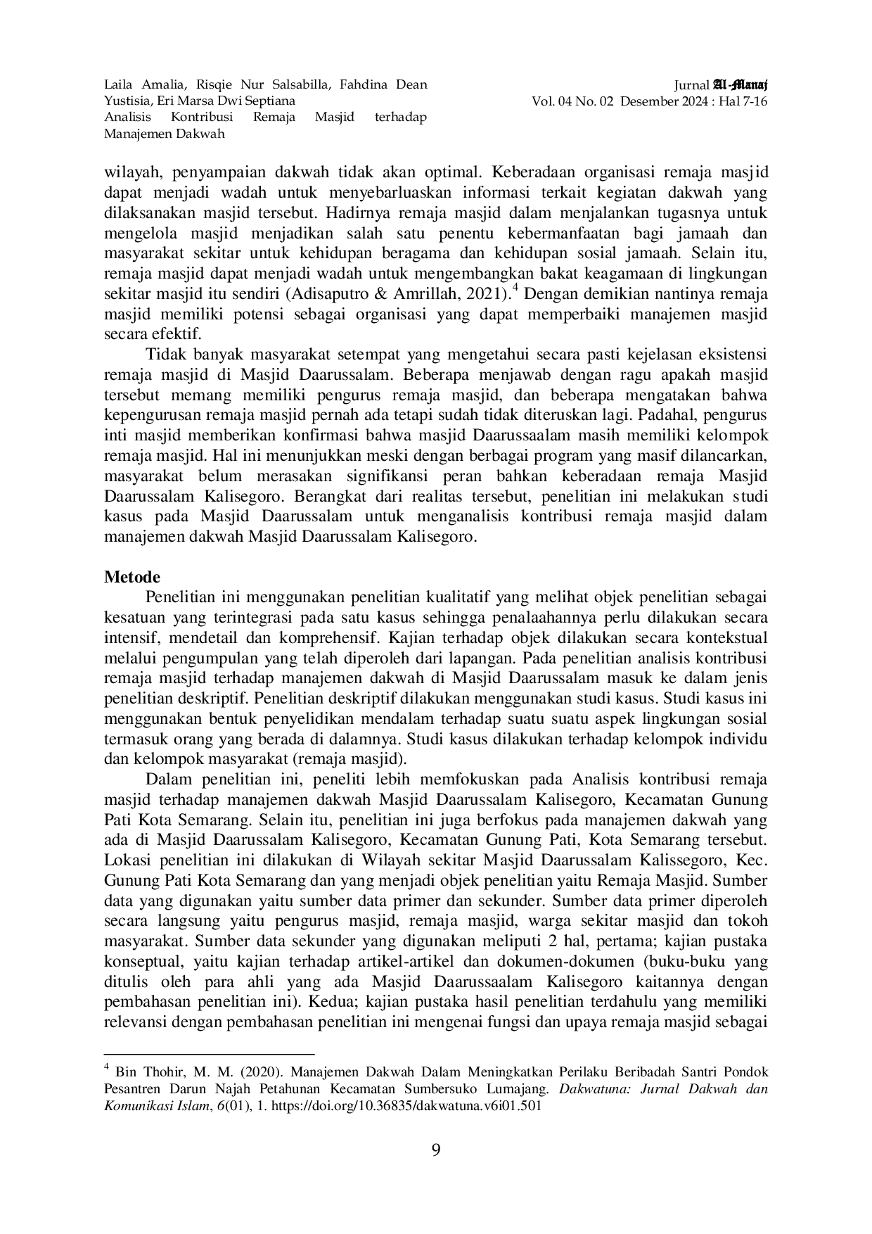 JURIS Analisis Kontribusi Remaja Masjid Terhadap Manajemen Dakwah