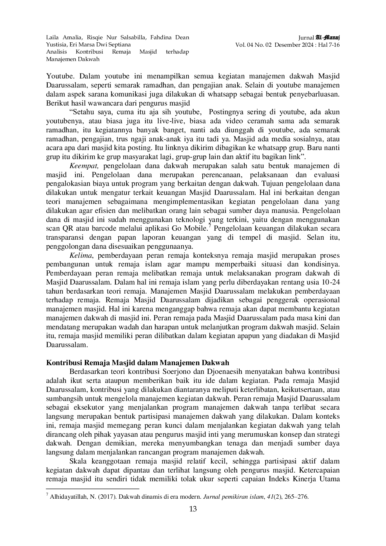 JURIS Analisis Kontribusi Remaja Masjid Terhadap Manajemen Dakwah