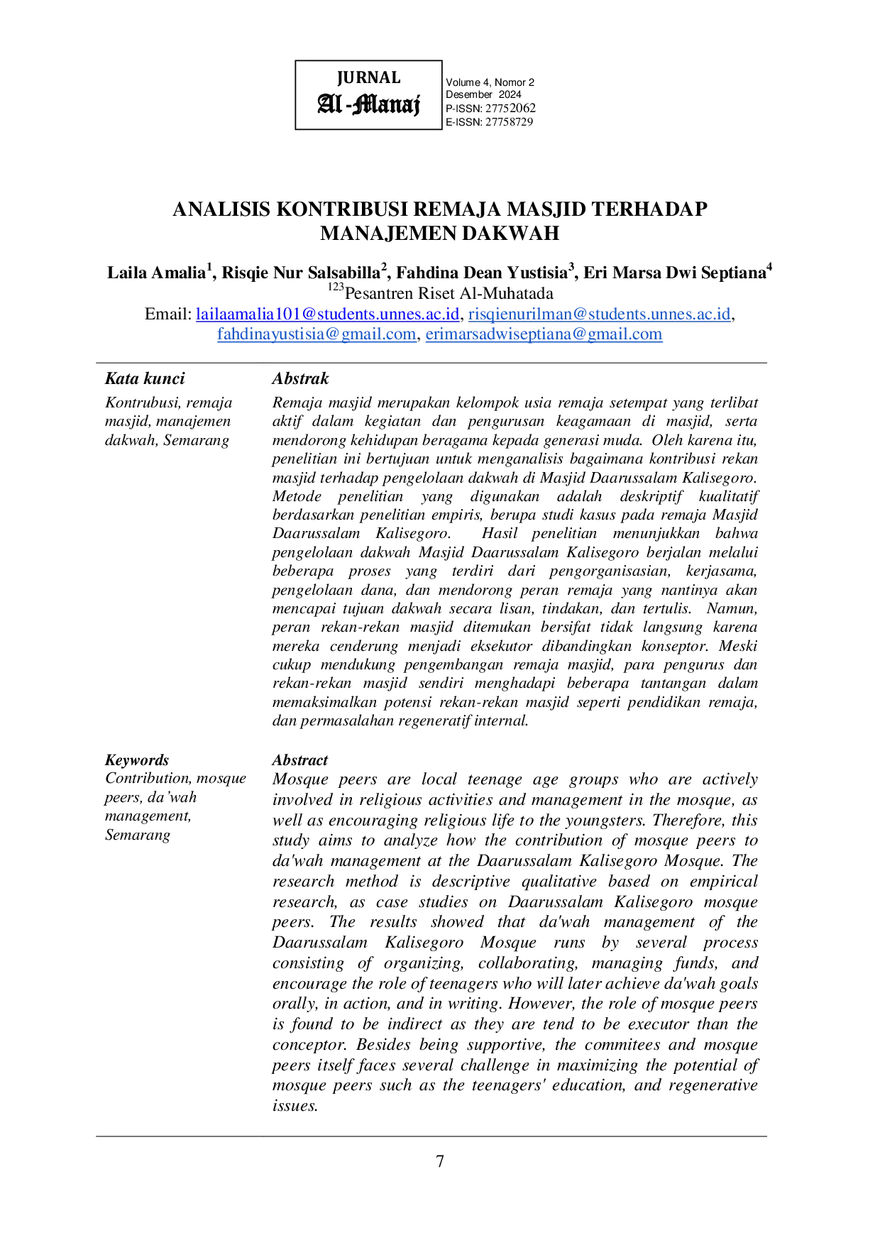 JURIS Analisis Kontribusi Remaja Masjid Terhadap Manajemen Dakwah