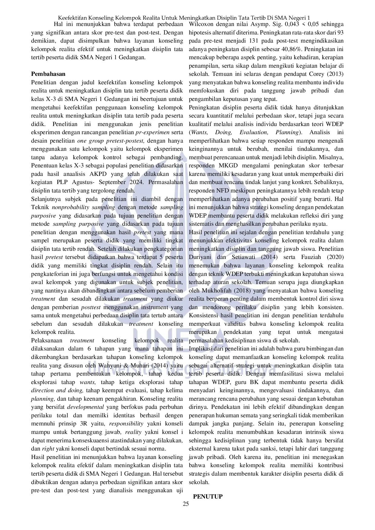 JURIS Keefektifan Konseling Kelompok Realita Untuk Meningkatkan Disiplin Tata Tertib Di SMA Negeri 1 Gedangan