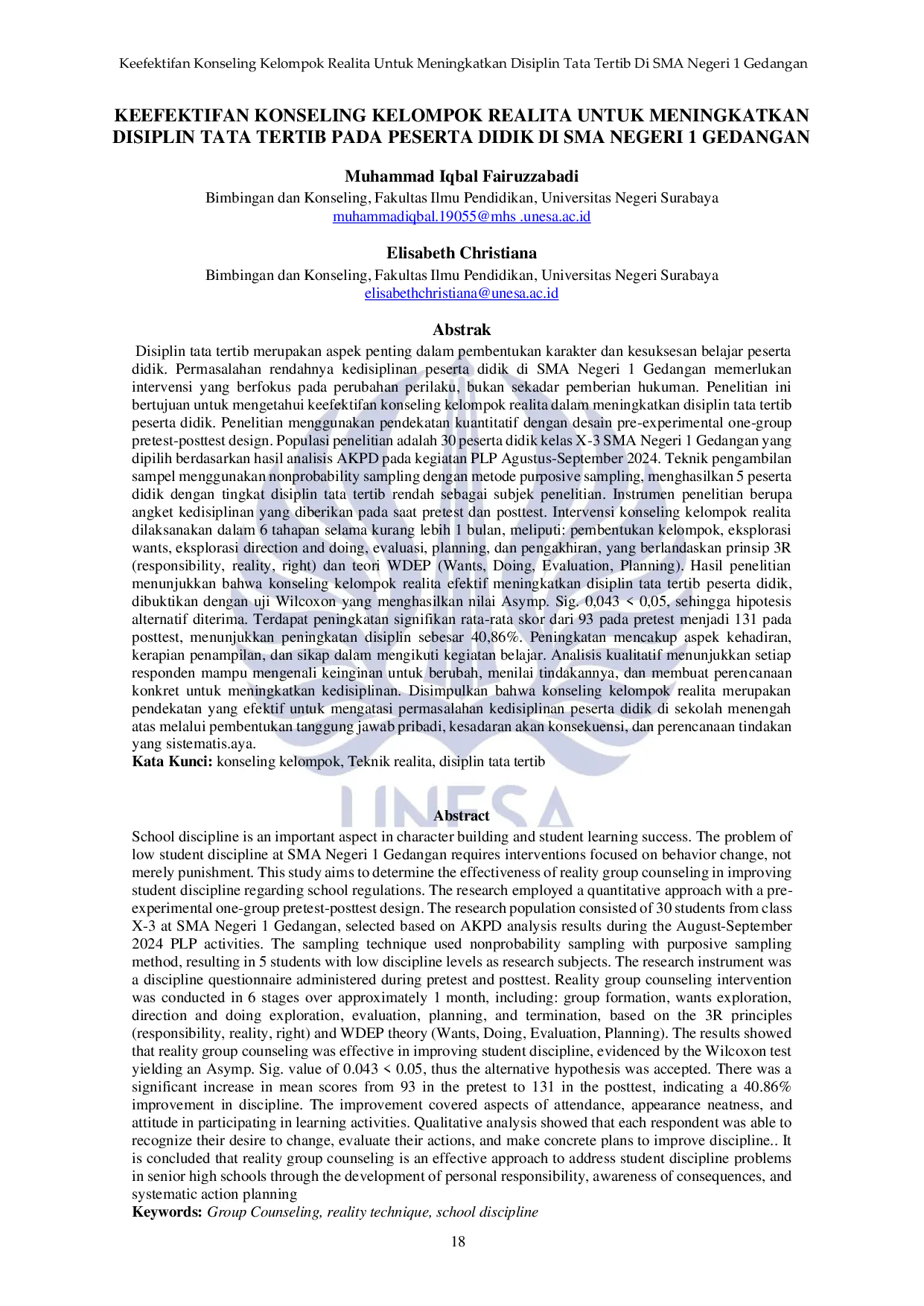 JURIS Keefektifan Konseling Kelompok Realita Untuk Meningkatkan Disiplin Tata Tertib Di SMA Negeri 1 Gedangan