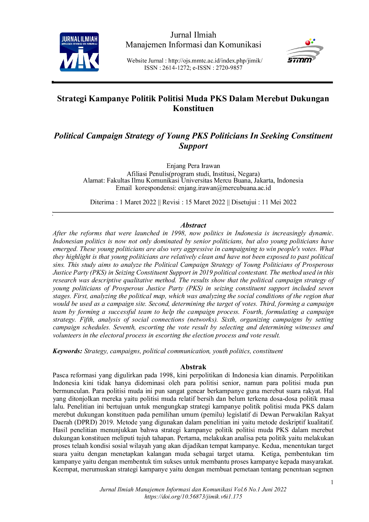 JURIS Strategi Kampanye Politik Politisi Muda PKS Dalam Merebut Dukungan Konstituen