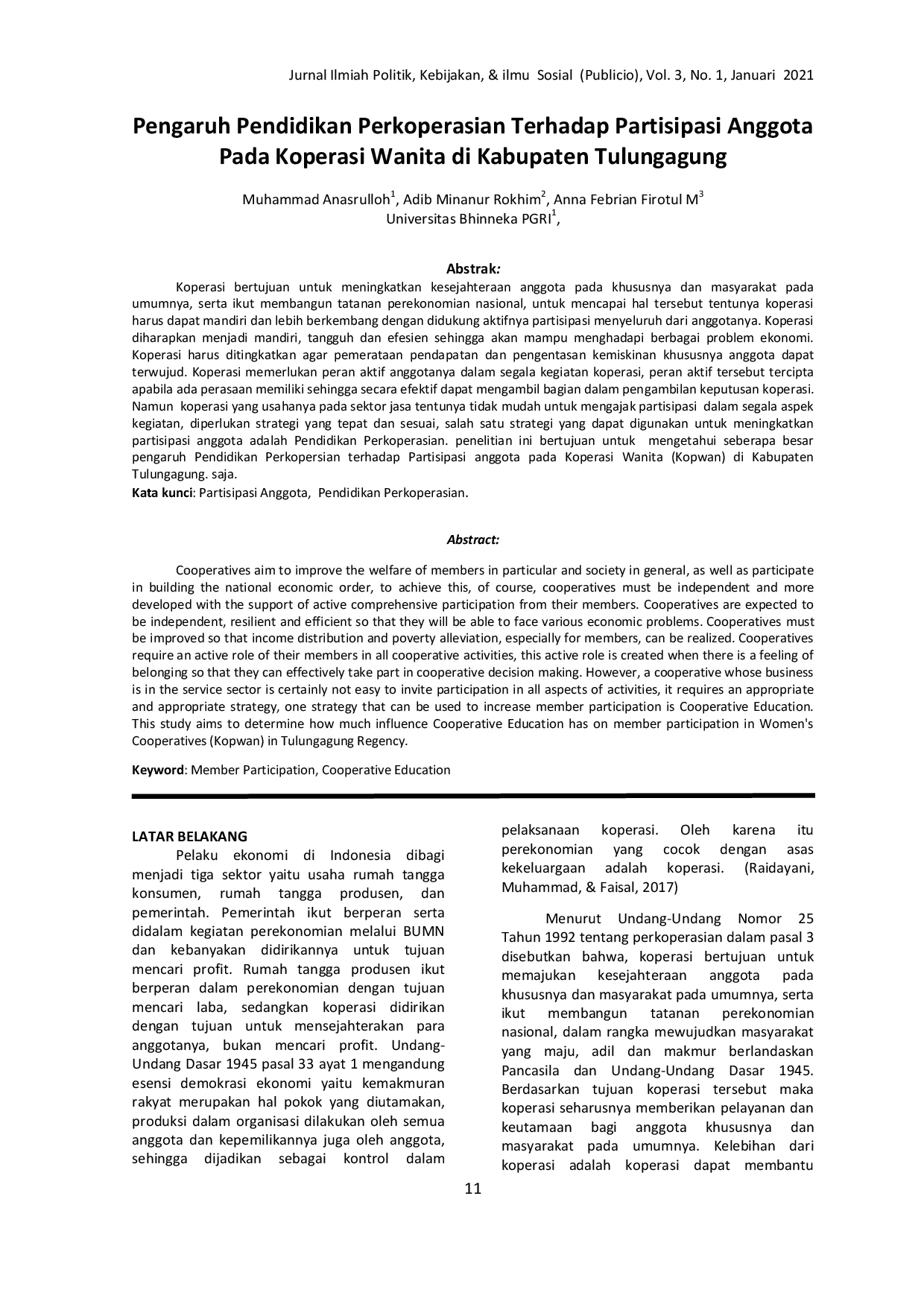 JURIS Pengaruh Pendidikan Perkoperasian Terhadap Partisipasi Anggota Pada Koperasi Wanita Di Kabupaten Tulungagung