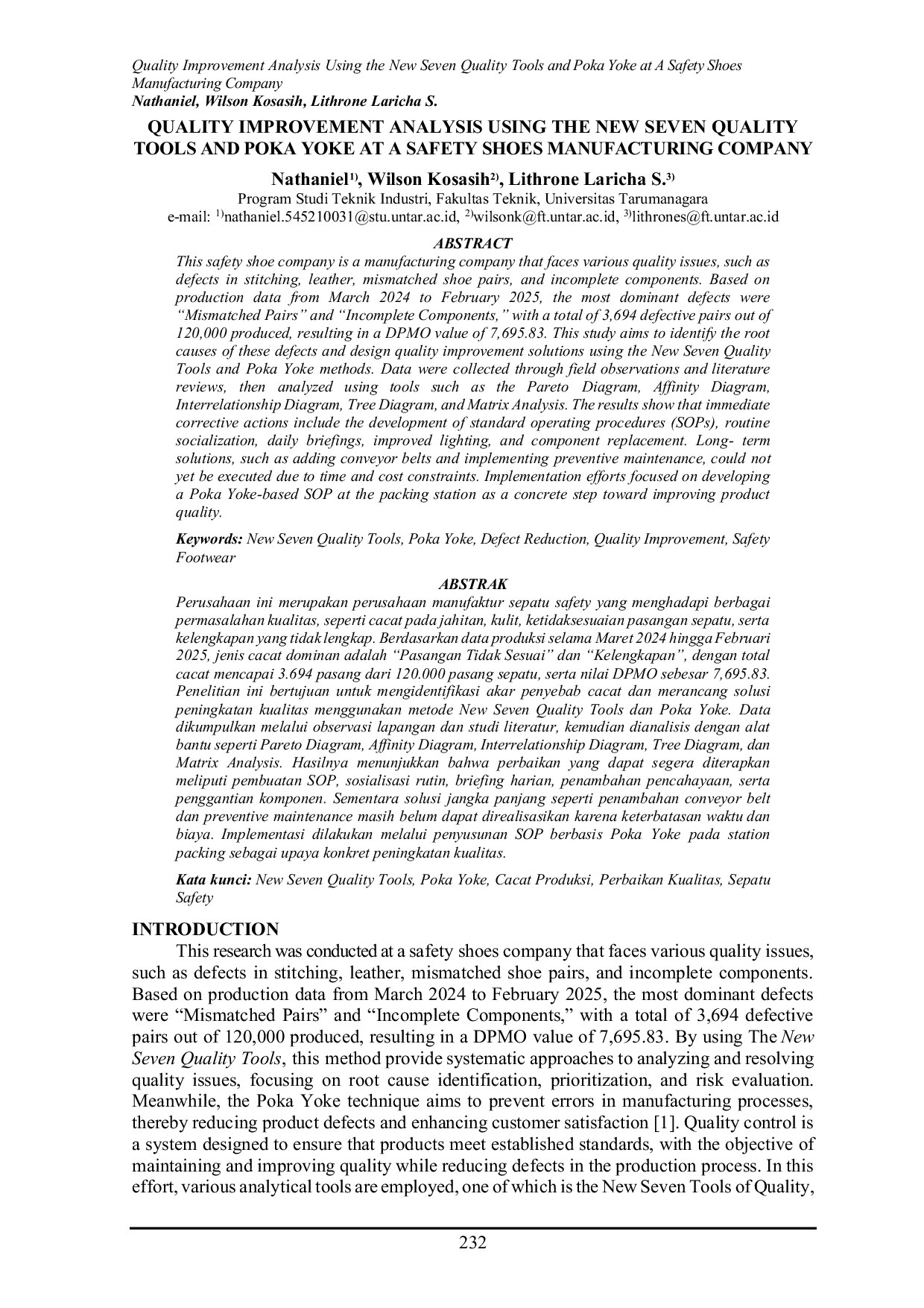 JURIS Quality Improvement Analysis Using the New Seven Quality Tools and Poka Yoke at A Safety Shoes Manufacturing Company