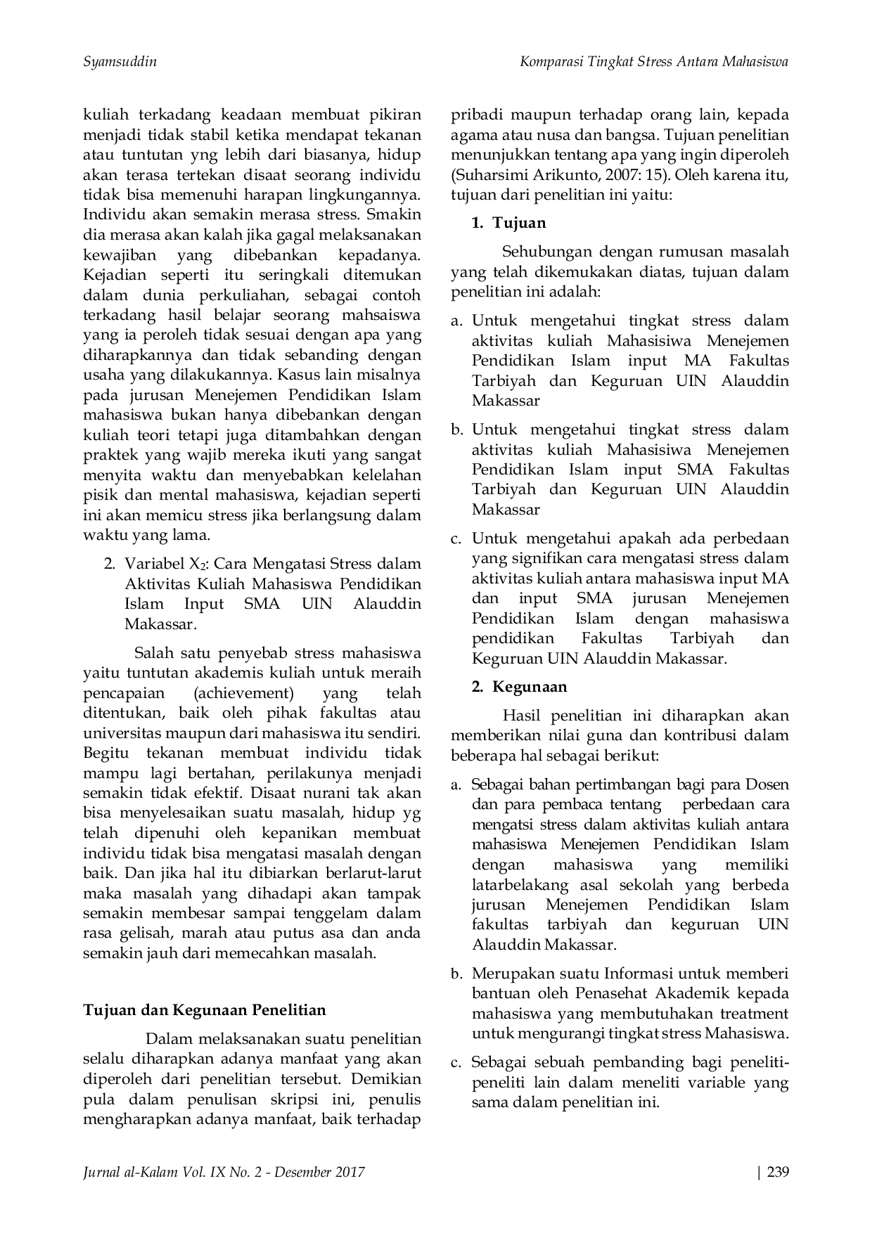 JURIS Komparasi Tingkat Stress Antara Mahasiswa Input Ma Dan Input Sma Jurusan Manajemen Pendidikan Islam Fakultas Tarbiyah Keguruan Uin Alauddin Makassar