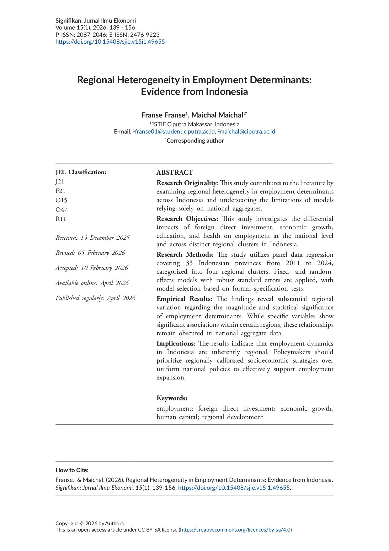 JURIS Regional Heterogeneity in Employment Determinants Evidence from Indonesia