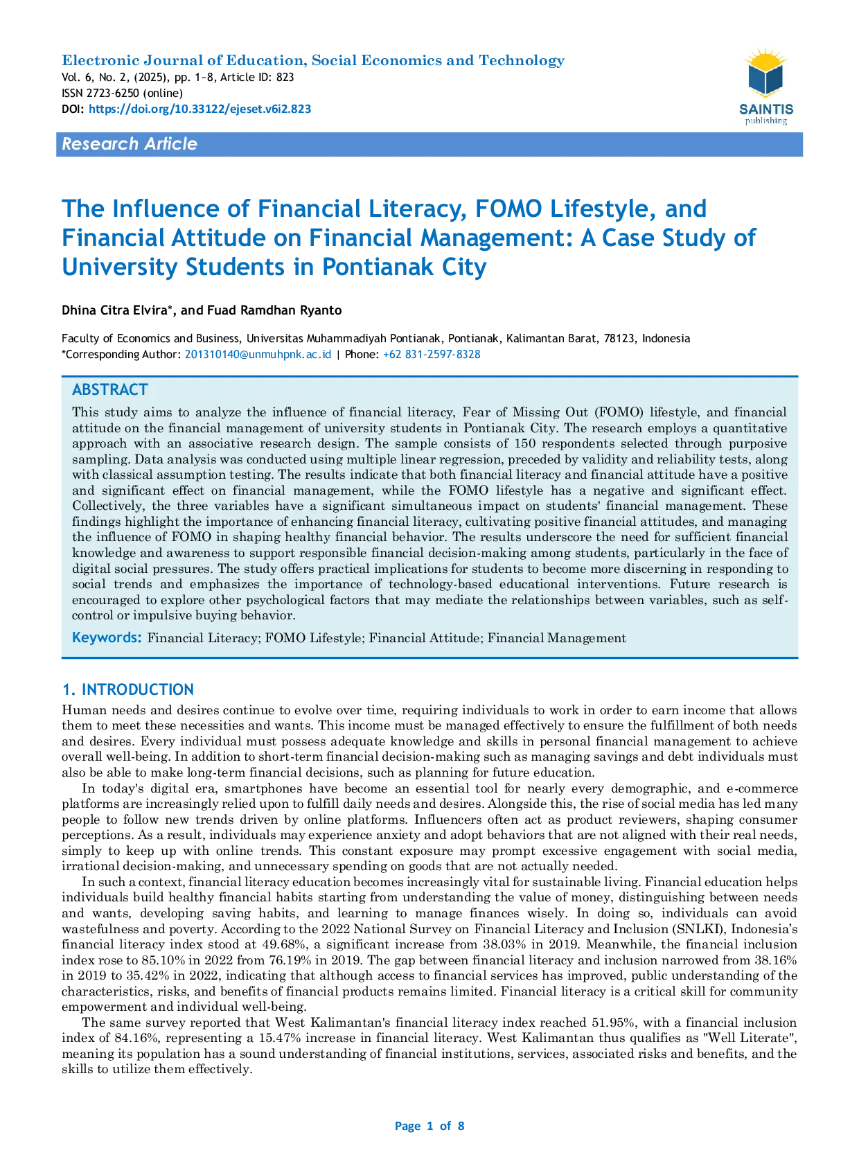 JURIS The Influence of Financial Literacy FOMO Lifestyle and Financial Attitude on Financial Management A Case Study of University Students in Pontianak City