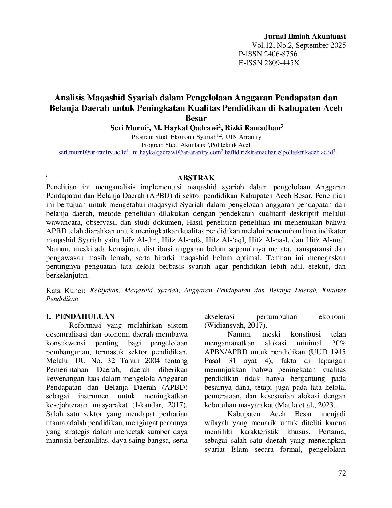 JURIS Analisis Maqashid Syariah dalam Pengelolaan Anggaran Pendapatan dan Belanja Daerah untuk Peningkatan Kualitas Pendidikan di Kabupaten Aceh Besar