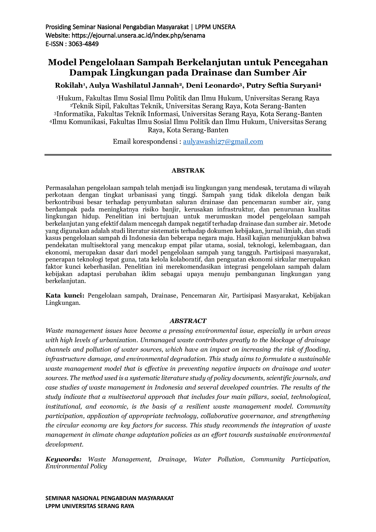 JURIS Model Pengelolaan Sampah Berkelanjutan untuk Pencegahan Dampak Lingkungan pada Drainase dan Sumber Air