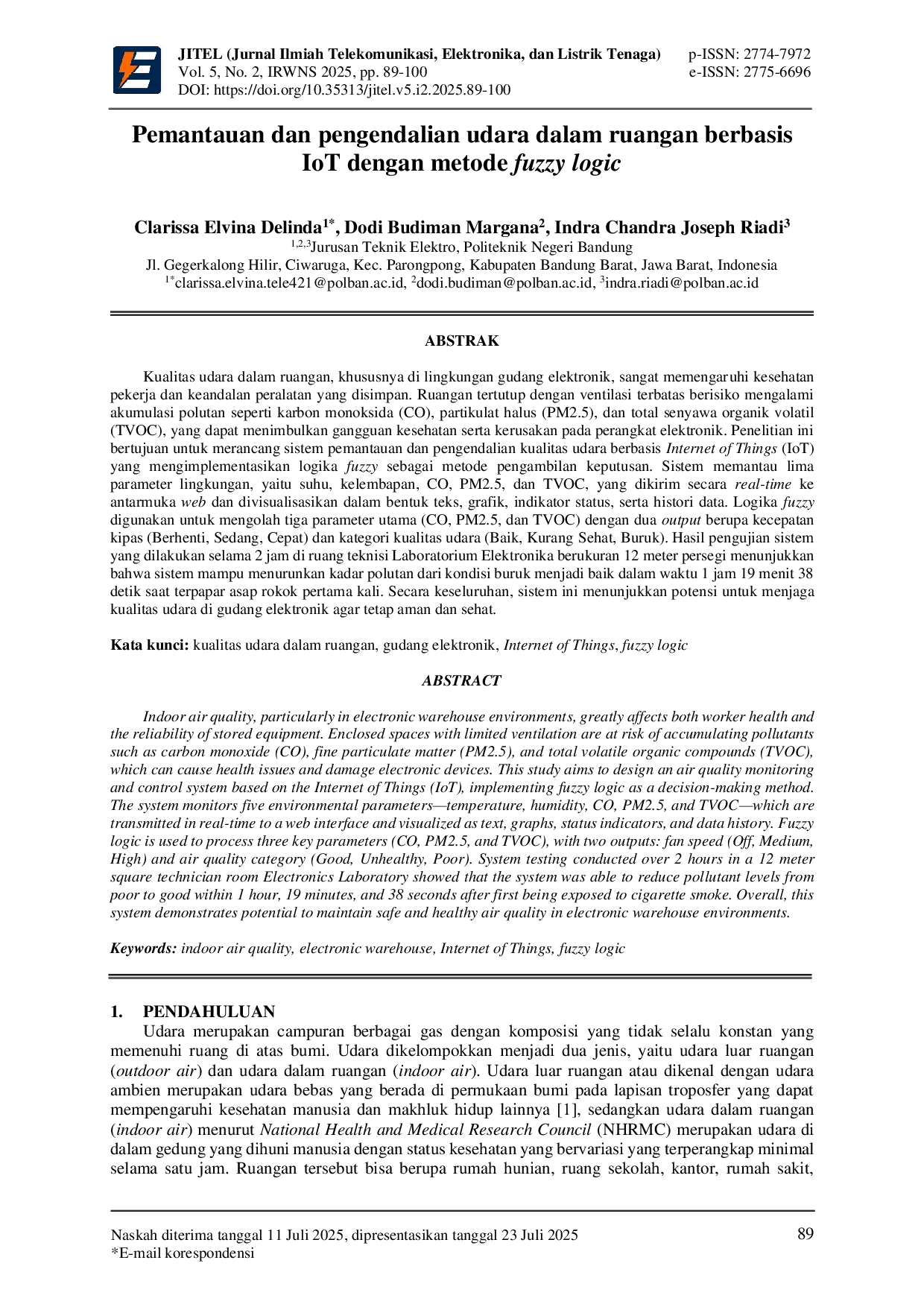 JURIS Pemantauan dan pengendalian udara dalam ruangan berbasis IoT dengan metode fuzzy logic