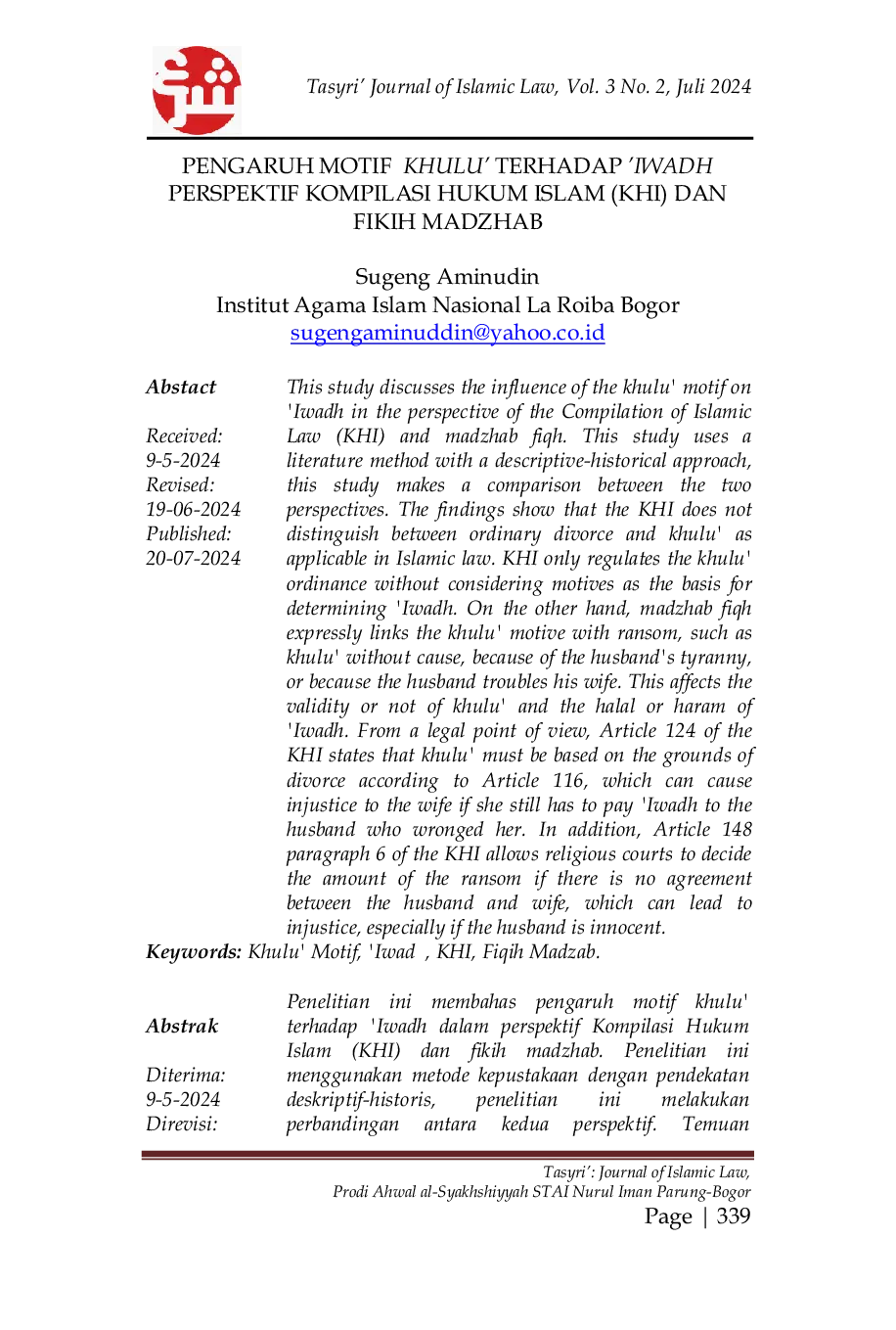 JURIS Pengaruh Motif Khulu Terhadap Iwadh Perspektif Kompilasi Hukum Islam KHI dan Fikih Madzhab