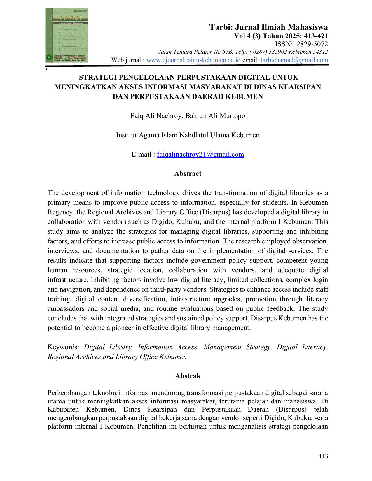 JURIS Strategi Pengelolaan Perpustakaan Digital untuk Meningkatkan Akses Informasi Masyarakat di Dinas Kearsipan dan Perpustakaan Daerah Kebumen