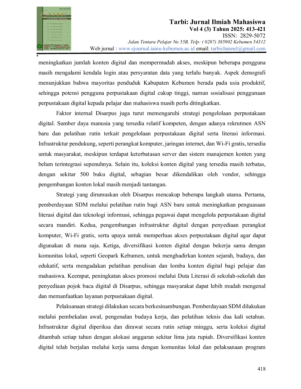 JURIS Strategi Pengelolaan Perpustakaan Digital untuk Meningkatkan Akses Informasi Masyarakat di Dinas Kearsipan dan Perpustakaan Daerah Kebumen