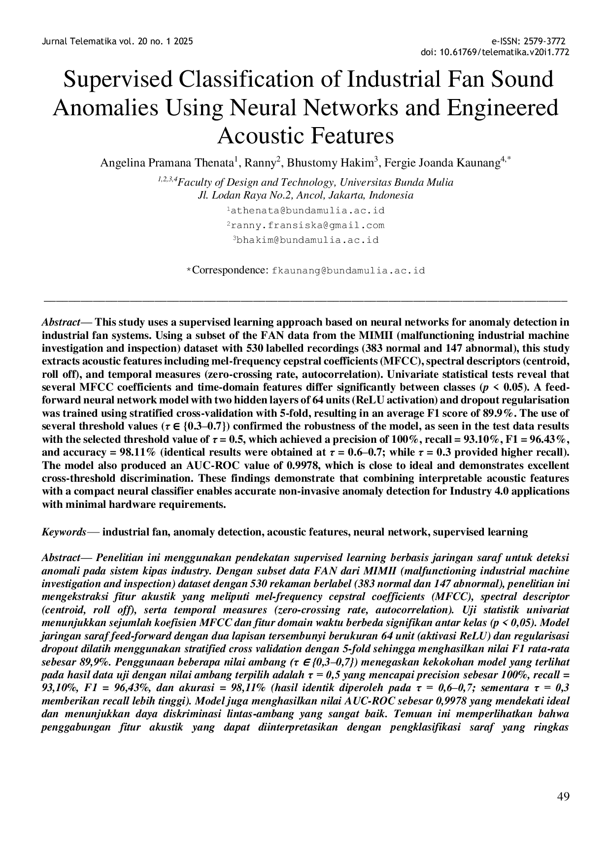 JURIS Klasifikasi Terawasi Anomali Suara Kipas Industri Menggunakan Jaringan Saraf Tiruan dan Fitur Akustik Rekayasa