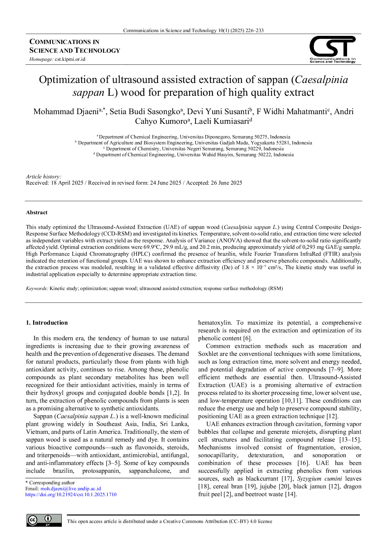 JURIS Optimization of ultrasound assisted extraction of sappan Caesalpinia sappan L wood for preparation of high quality extract