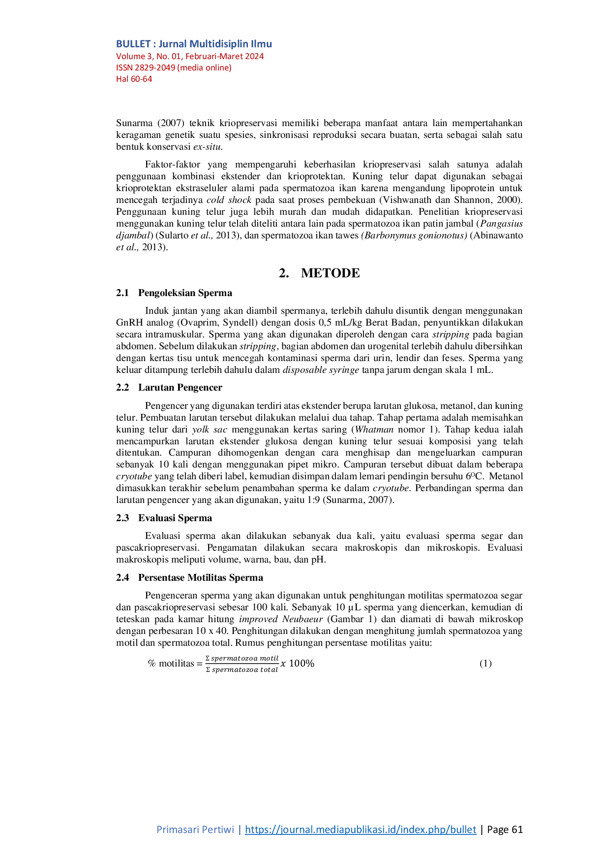 JURIS Efek Kuning Telur Terhadap Motilitas Sperma Ikan Lukas Puntius bramoides Val Pascakriopreservasi