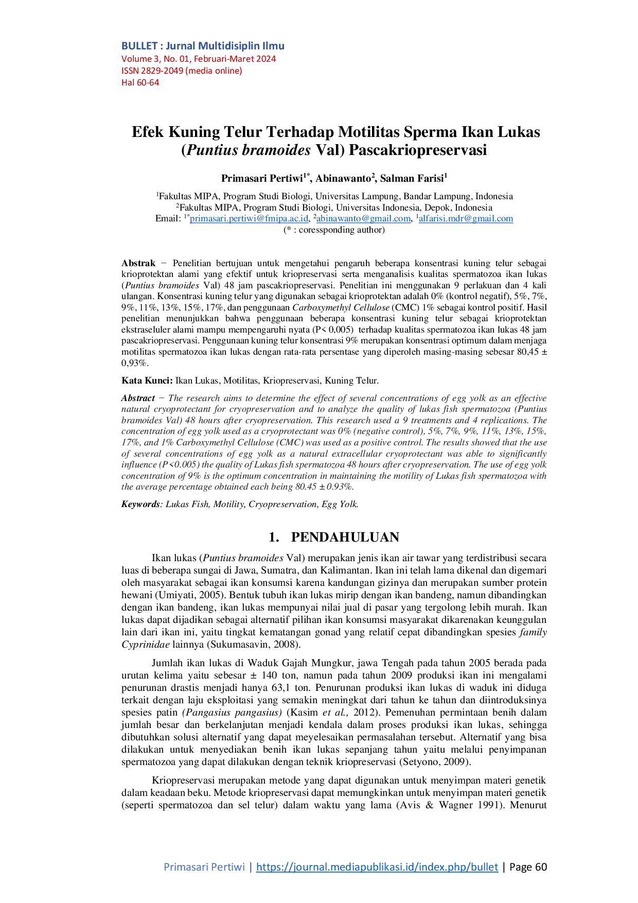 JURIS Efek Kuning Telur Terhadap Motilitas Sperma Ikan Lukas Puntius bramoides Val Pascakriopreservasi