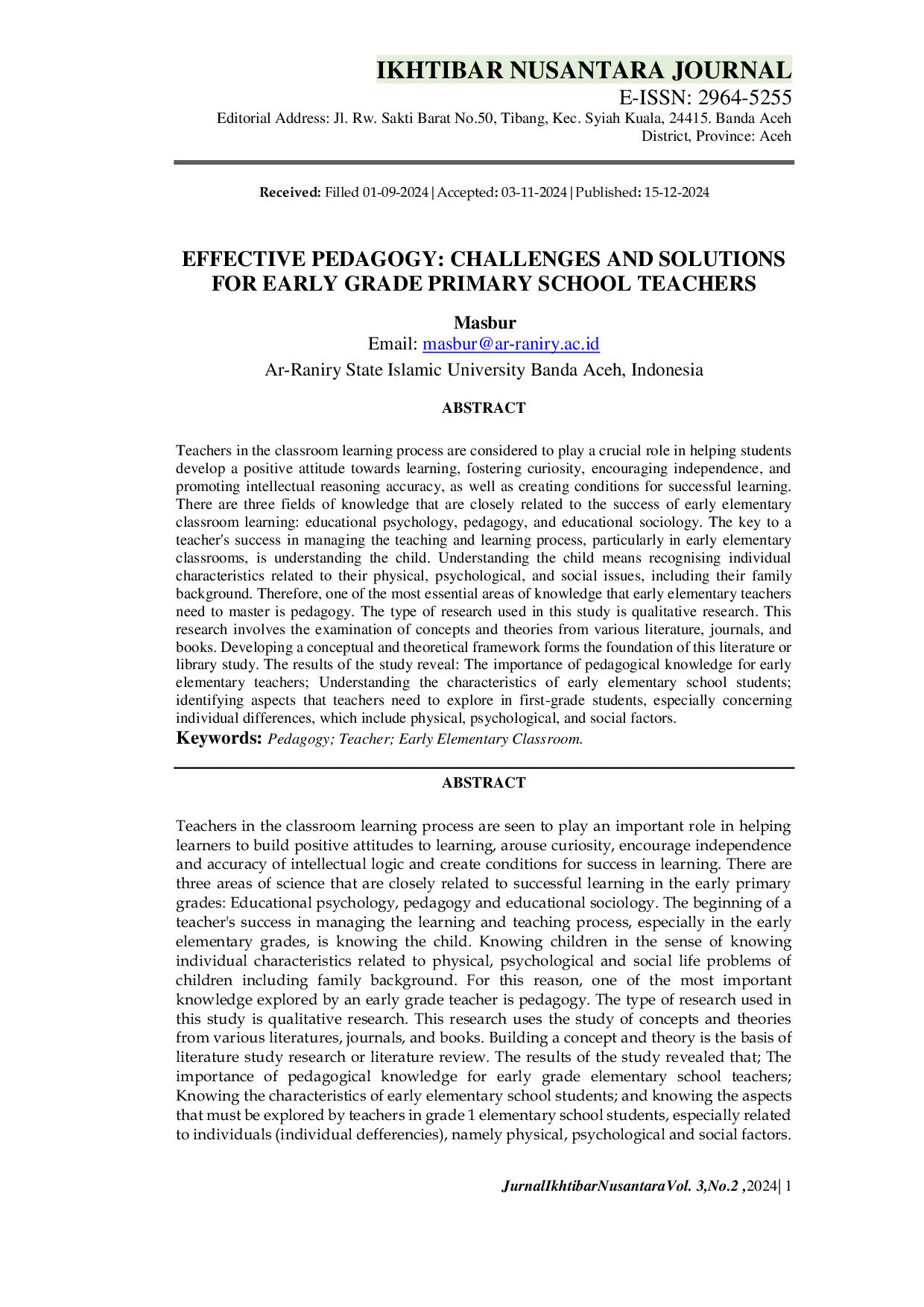 JURIS Effective Pedagogy Challenges and Solutions for Early Grade Primary School Teachers