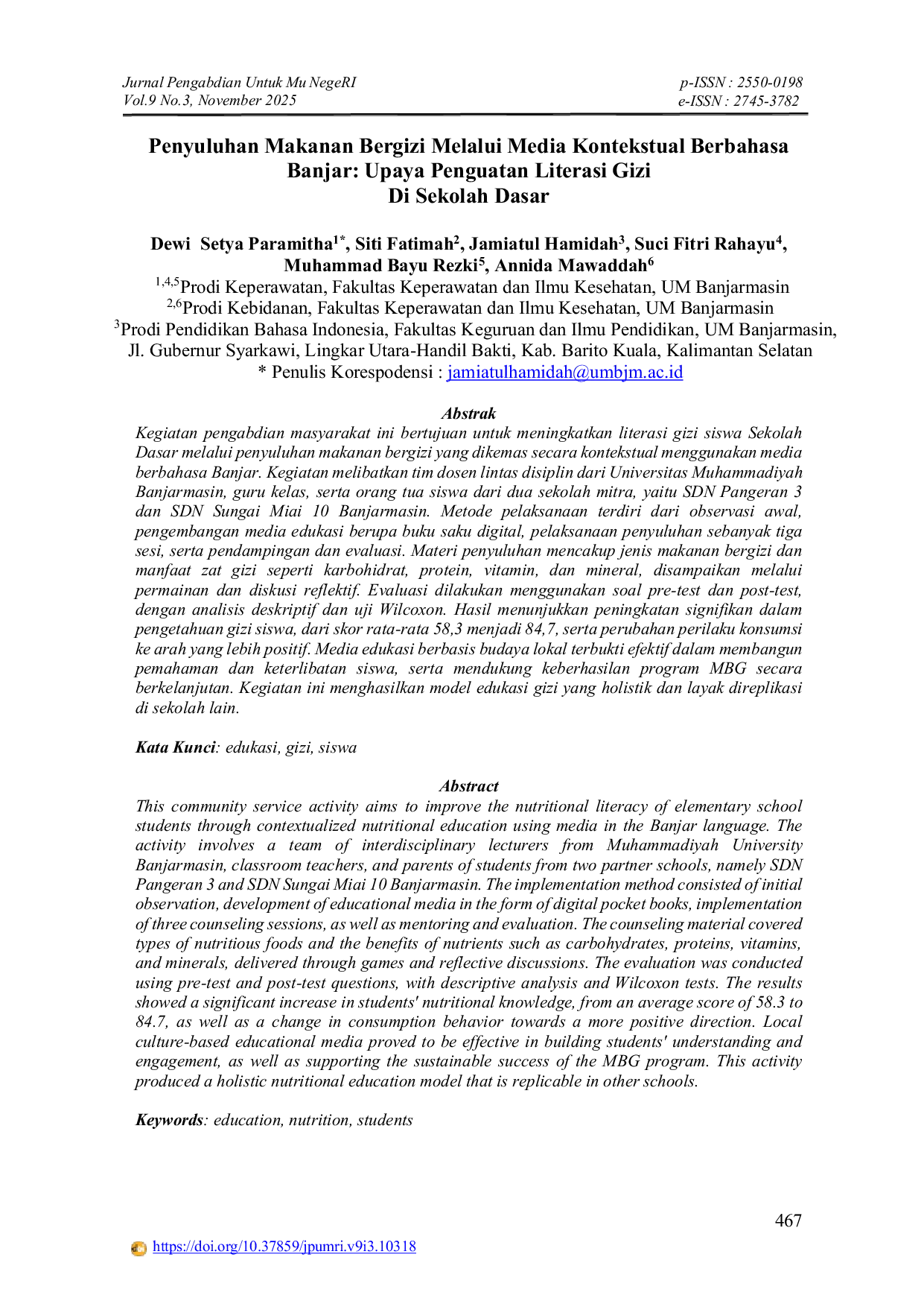 JURIS Nutrition Education Through Contextual Media in the Banjar Language Efforts to Strengthen Nutrition Literacy in Elementary Schools