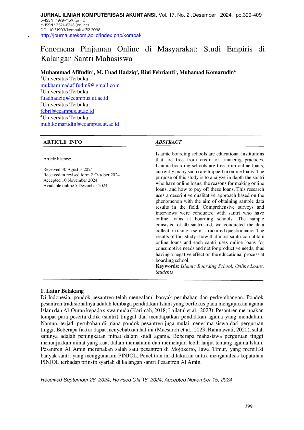 JURIS Fenomena Pinjaman Online di Masyarakat Studi Empiris di Kalangan Santri Mahasiswa