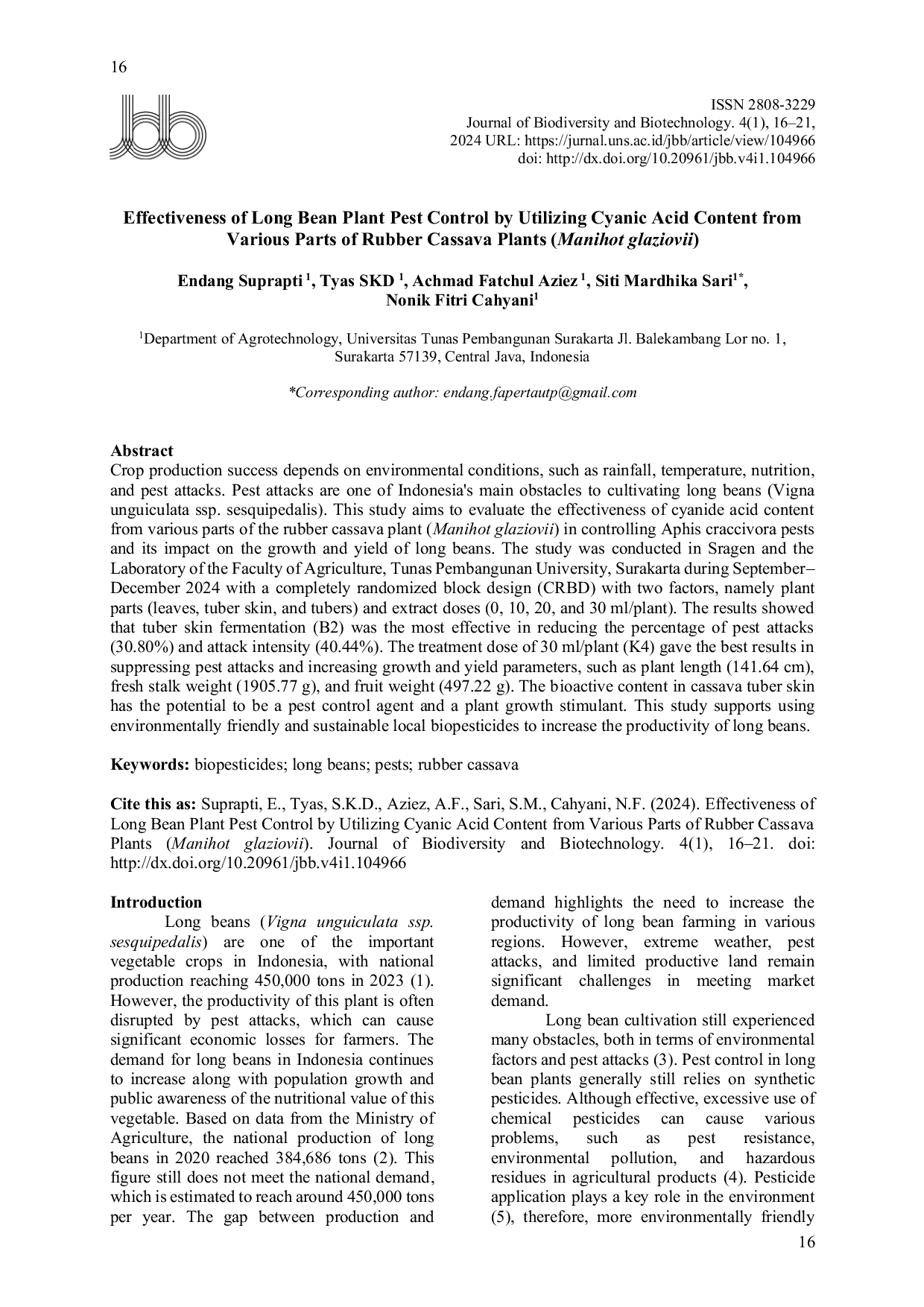 JURIS Effectiveness of Long Bean Plant Pest Control by Utilizing Cyanic Acid Content from Various Parts of Rubber Cassava Plants Manihot Glaziovii