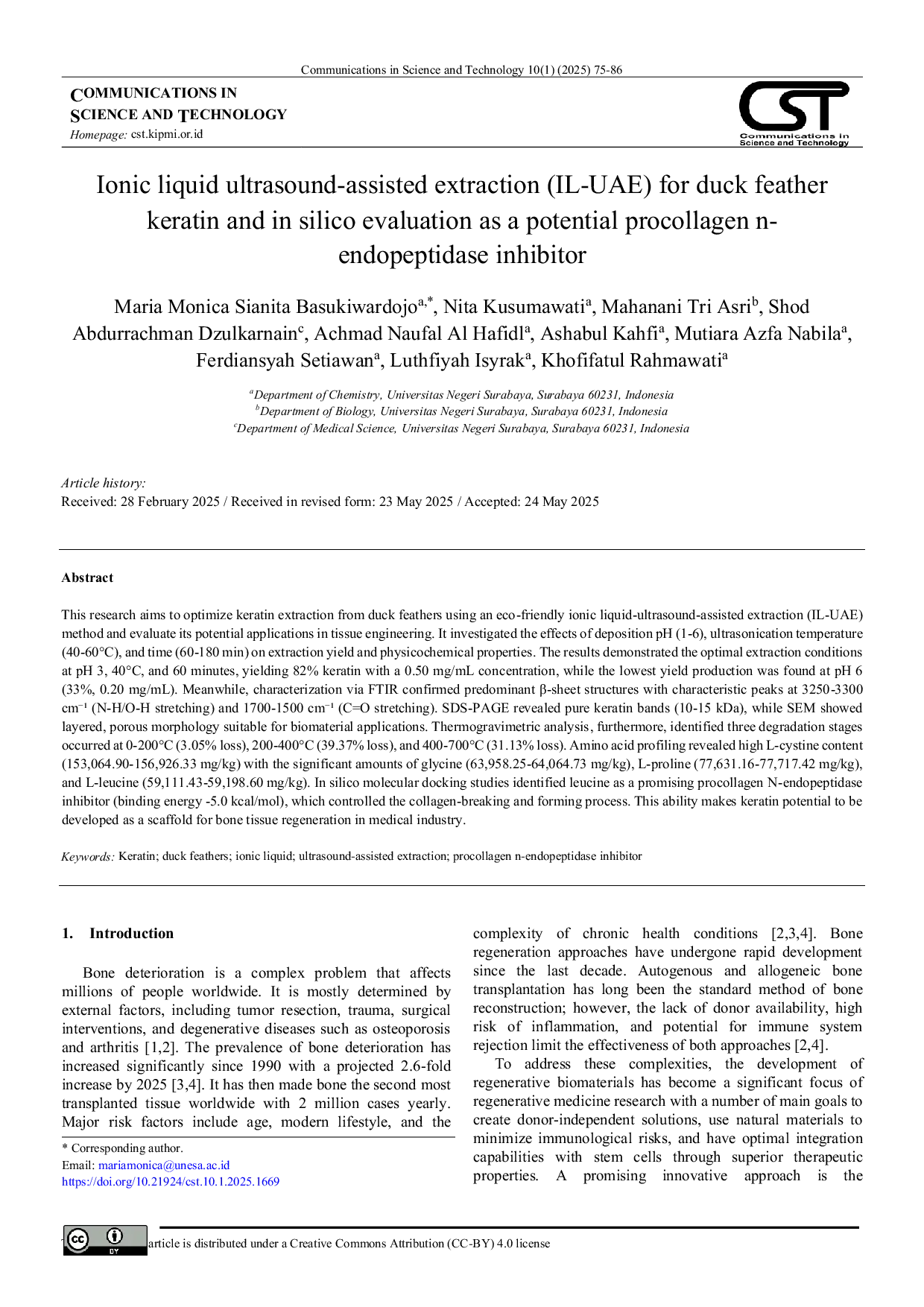JURIS Ionic liquid ultrasound assisted extraction IL UAE for duck feather keratin and in silico evaluation as a potential procollagen n endopeptidase inhibitor