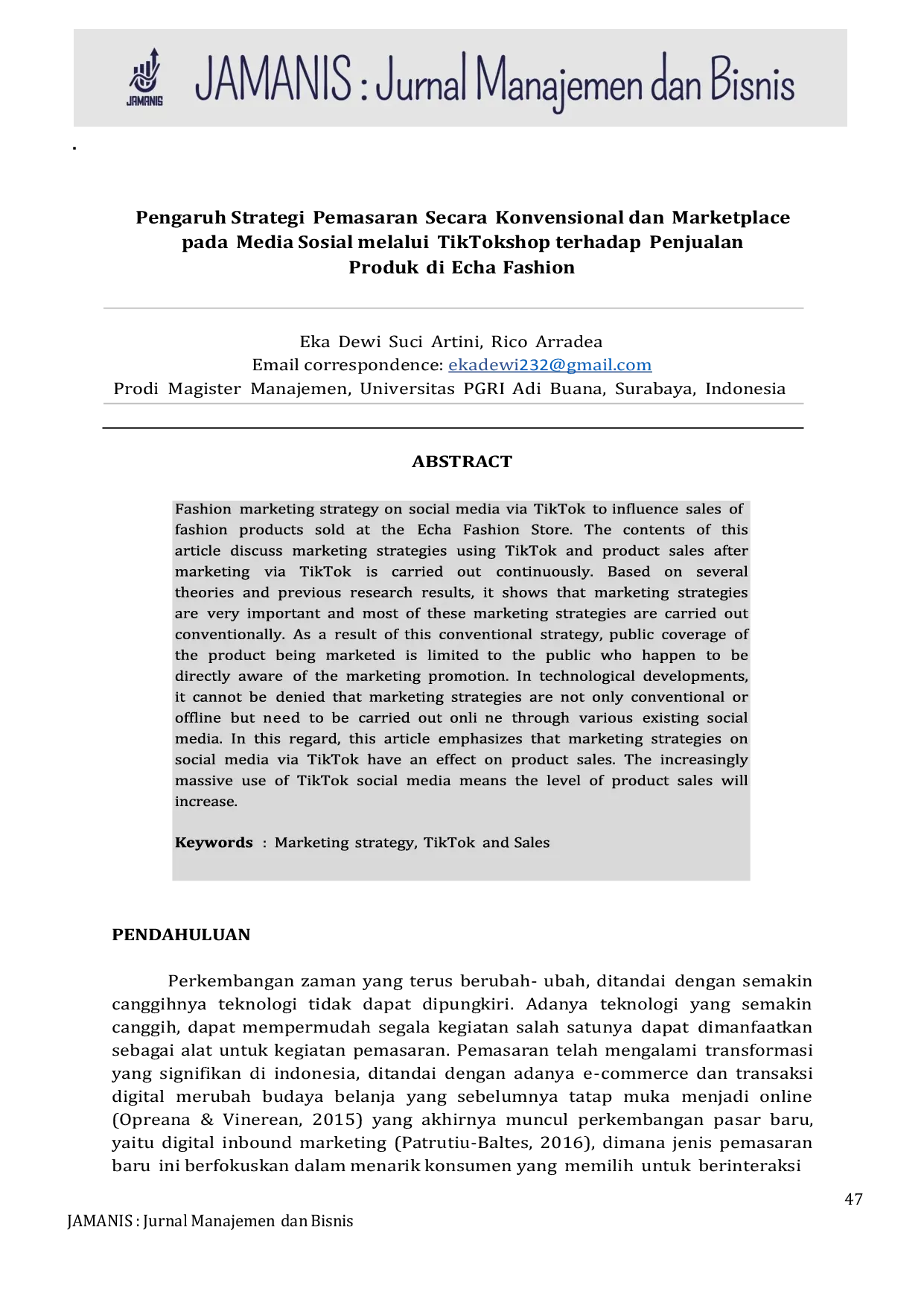 JURIS Pengaruh Strategi Pemasaran Secara Konvensional dan Marketplace pada Media Sosial melalui TikTokshop terhadap Penjualan Produk di Echa Fashion