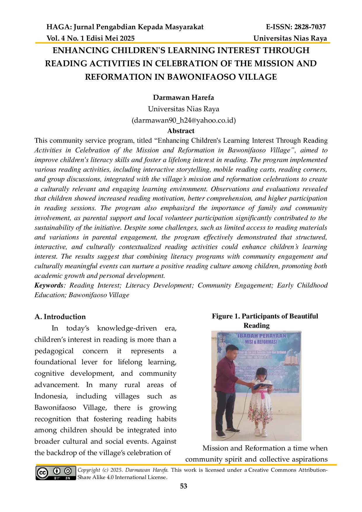 JURIS Enhancing Children s Learning Interest Through Reading Activities In Celebration Of The Mission And Reformation In Bawonifaoso Village