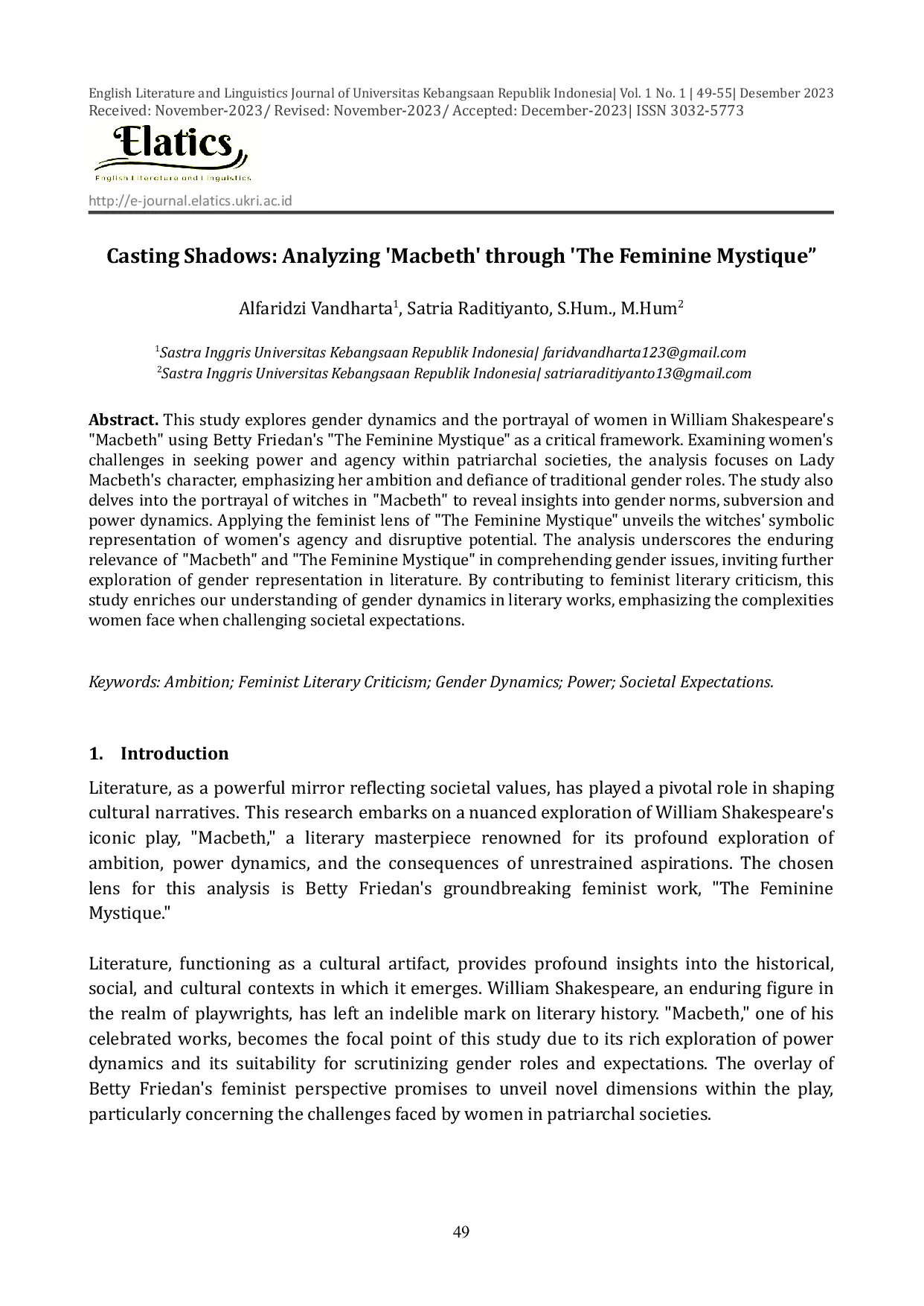 JURIS Casting Shadows Analyzing Macbeth through The Feminine Mystique